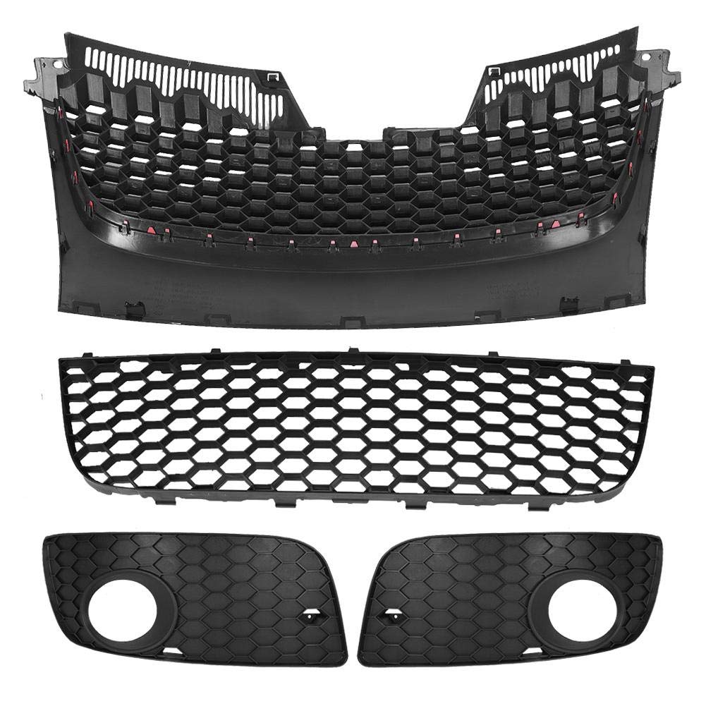 KIMISS Car Bumper Lower Grill Kit for Volkswagen Golf GTI MK5 & Jetta 5 (2006-2009) - 1PC Bumper Grill + 2PC Fog Light Grills + 1PC Lower Grill - Perfect for Car Upgrades & Replacement Parts