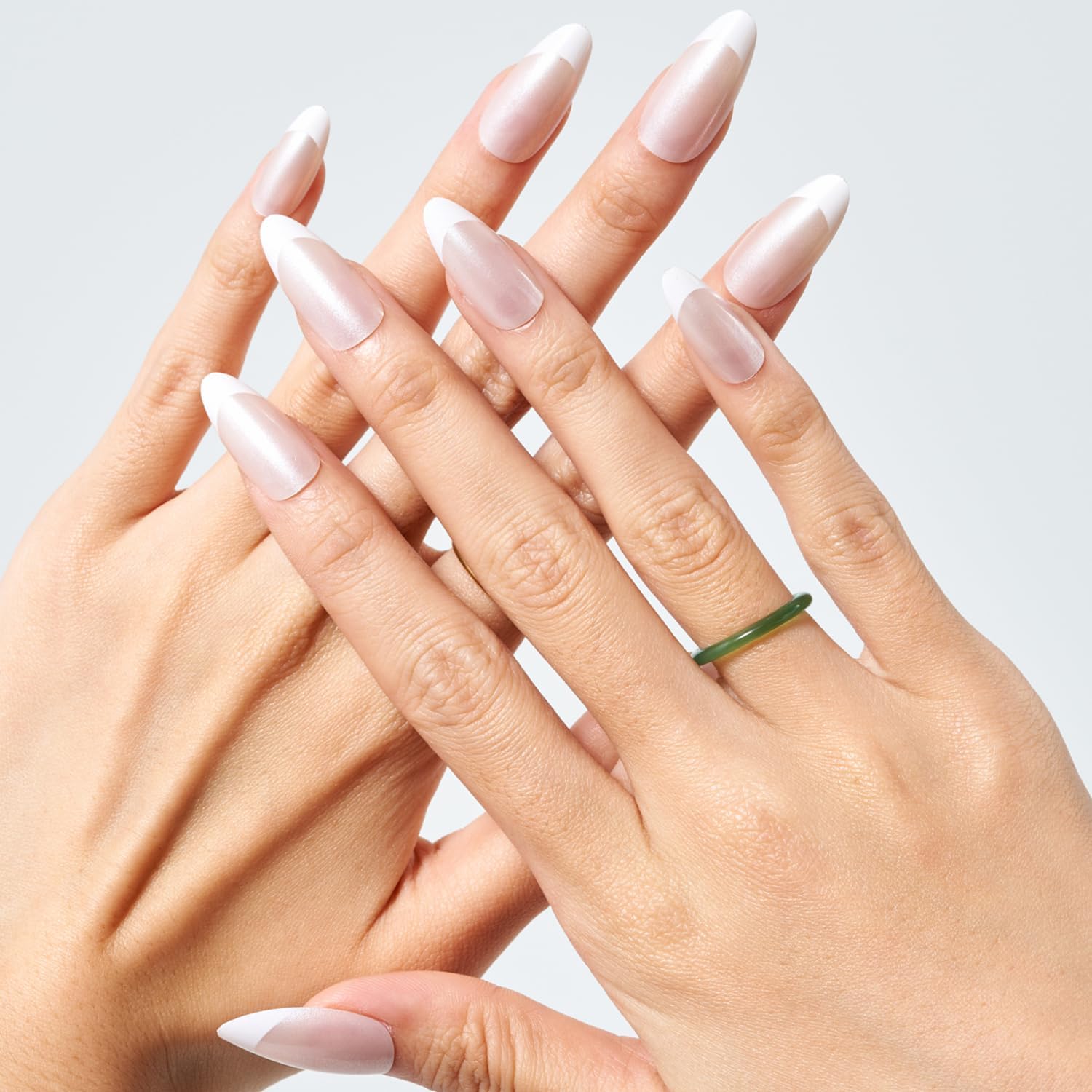 Glamermaid Nude Pink Press on Nails - Medium Almond Shape with Pearl French Tip Design, Reusable Acrylic Fake Nails for Women (Short Oval, Stiletto Style) - Perfect for Weddings, Parties, Date Nights & Everyday Glam
