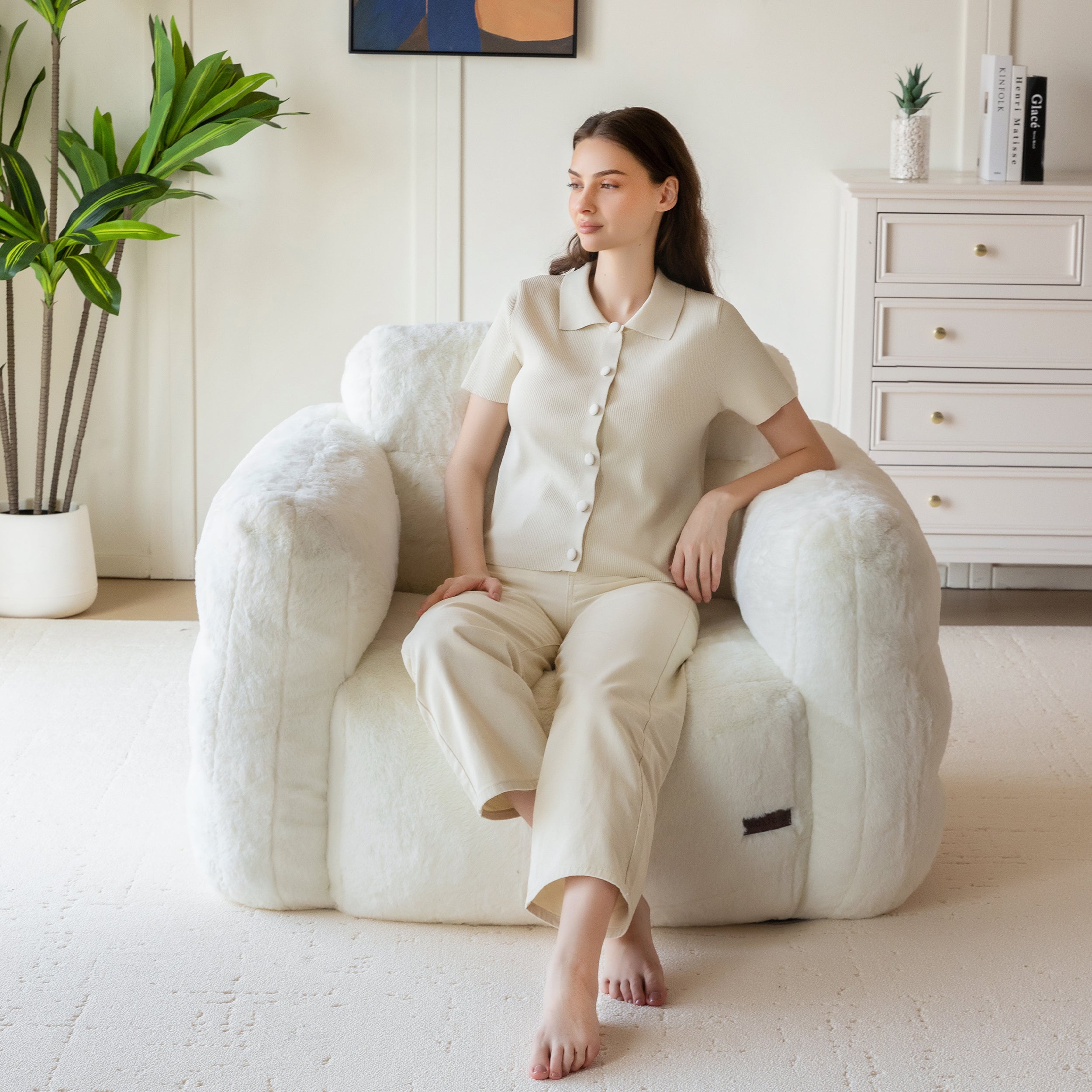 MAXYOYO Giant Bean Bag Chair for Adults - Ultra Soft Fluffy Oversized Floor Sofa | Cozy Reading Chair with Filler for Living Room & Bedroom (Beige) | Perfect for Relaxing, Gaming & Lounging