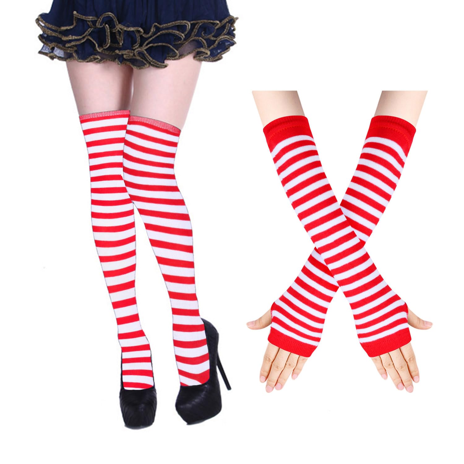 Benefeet Women's Striped Thigh High Socks & Arm Warmers Set with Fingerless Gloves - Over Knee High Stockings for Halloween, Cosplay, and Winter Fashion