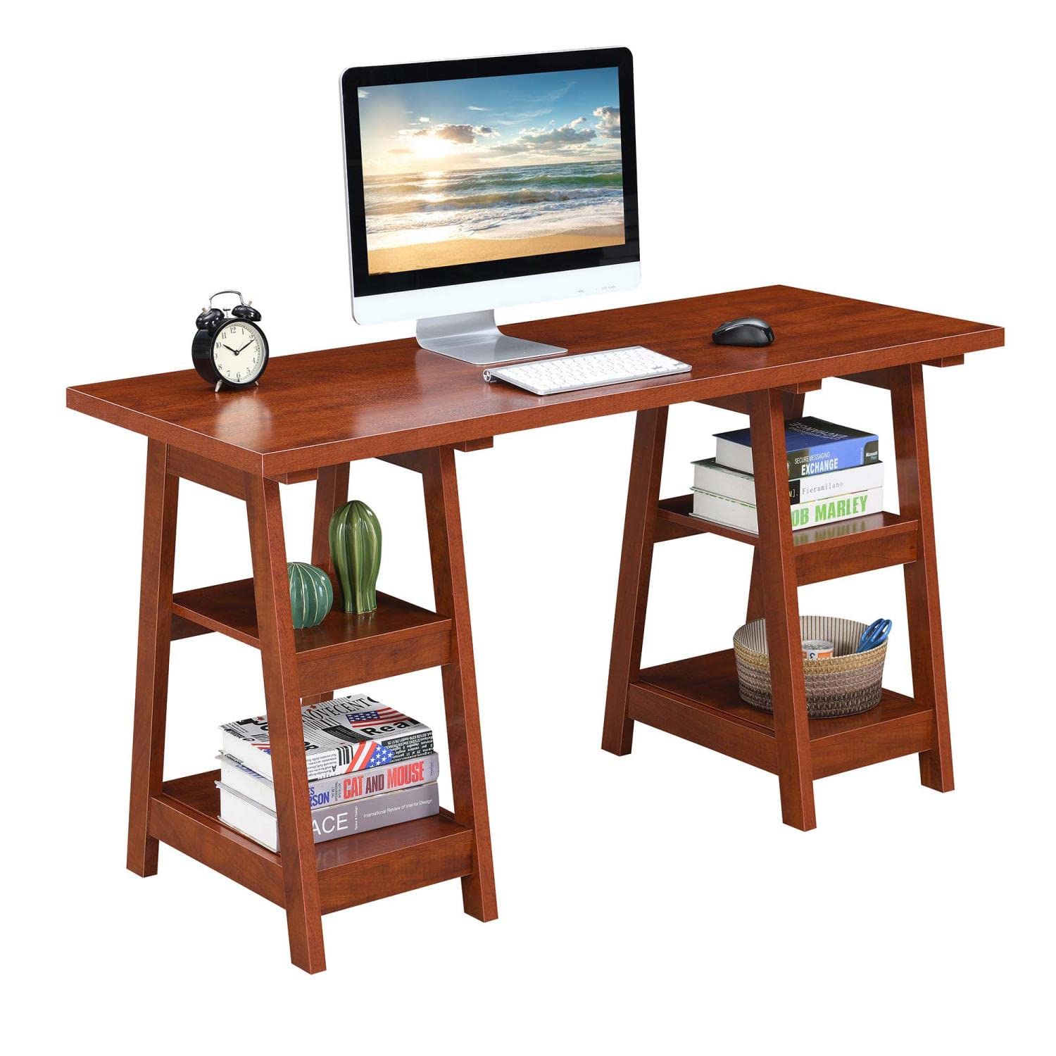 Convenience Concepts Designs2Go Double Trestle Desk with Shelves - Cherry Finish Home Office Desk for Small Spaces, Perfect for Remote Work & Study