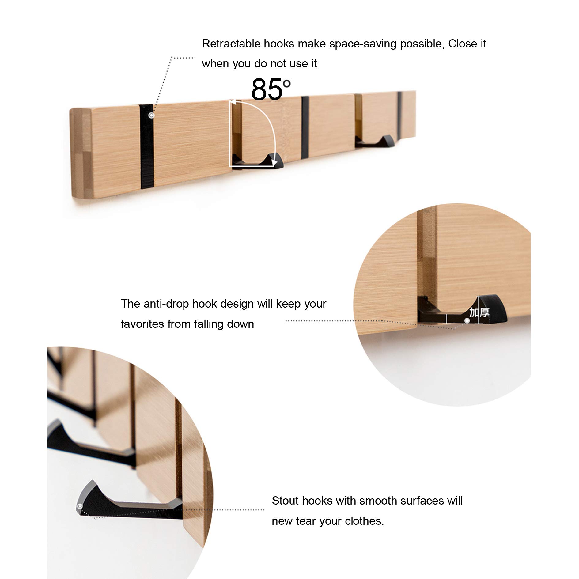 Modern Wooden Wall Mounted Coat Rack with 6 Folding Hooks - Space Saving Entryway Organizer for Jackets, Hats, Keys & Accessories - Natural Finish for Home, Office or Dorm Room Decor