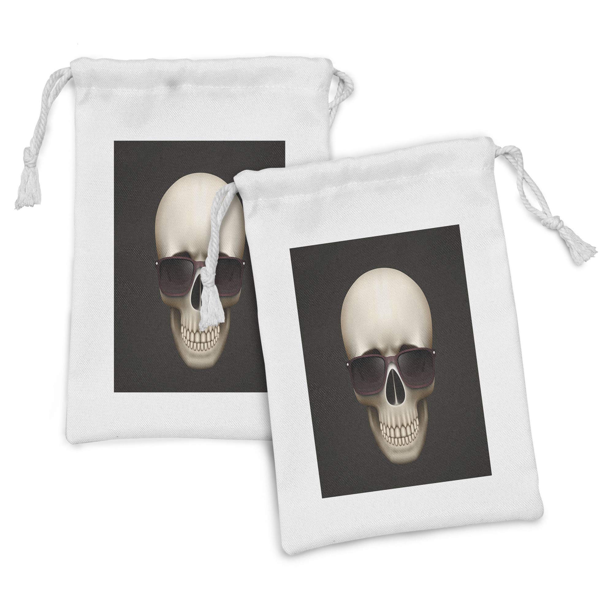 Ambesonne Skull Fabric Pouch Set of 2 - Funny Skeleton Head with Sunglasses & Smiling Teeth Print - Small Drawstring Bag for Toiletries, Masks & Favors (9