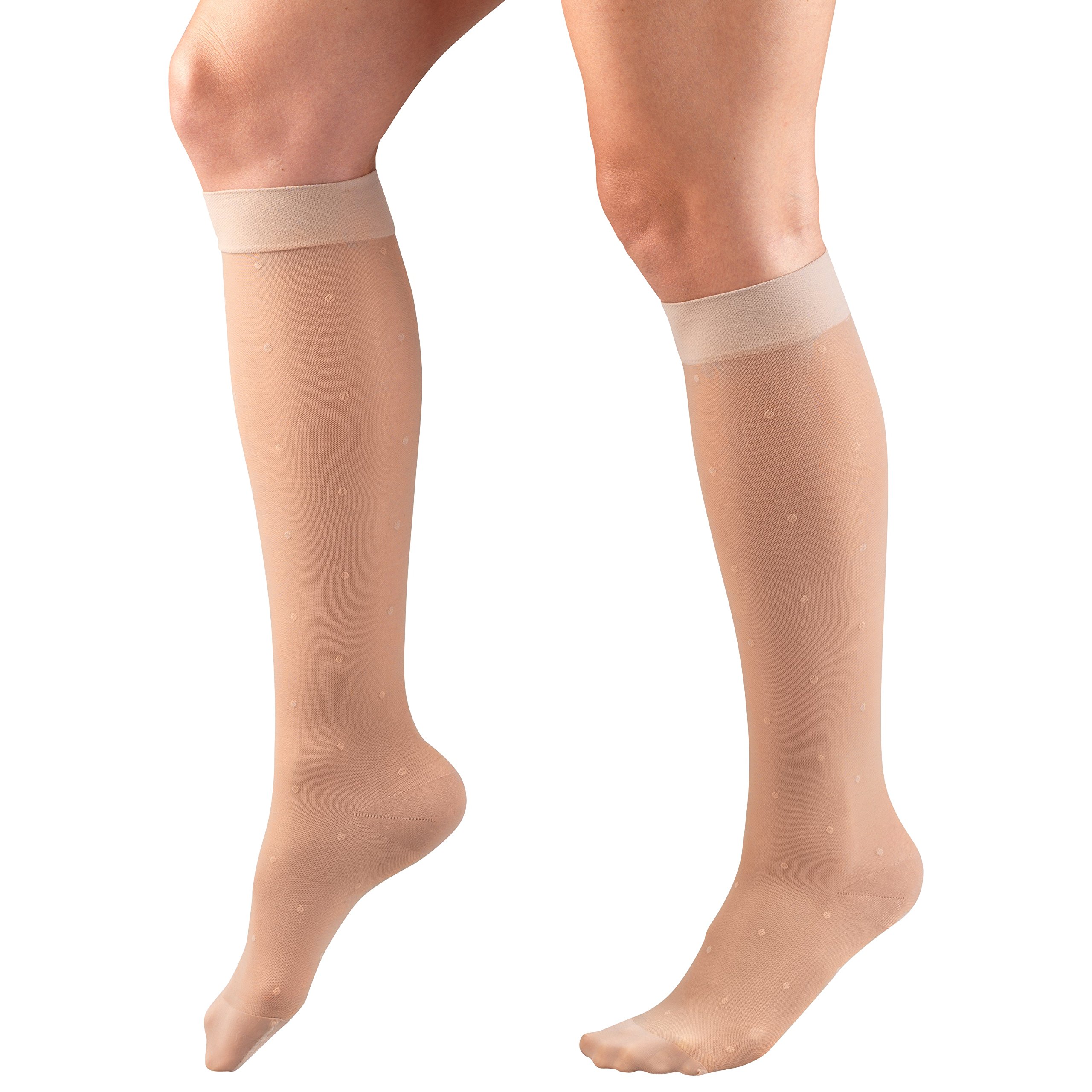 Truform Sheer Compression Stockings 15-20 mmHg - Women's Knee High Support Socks with Dot Pattern in Nude (Large) - Perfect for Travel, Work & Varicose Vein Relief
