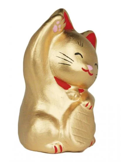 Authentic Japanese Nagahama Doll - Maneki Neko Lucky Beckoning Cat Figurine in Gold | Traditional Fortune Charm for Home, Office & Business Decor