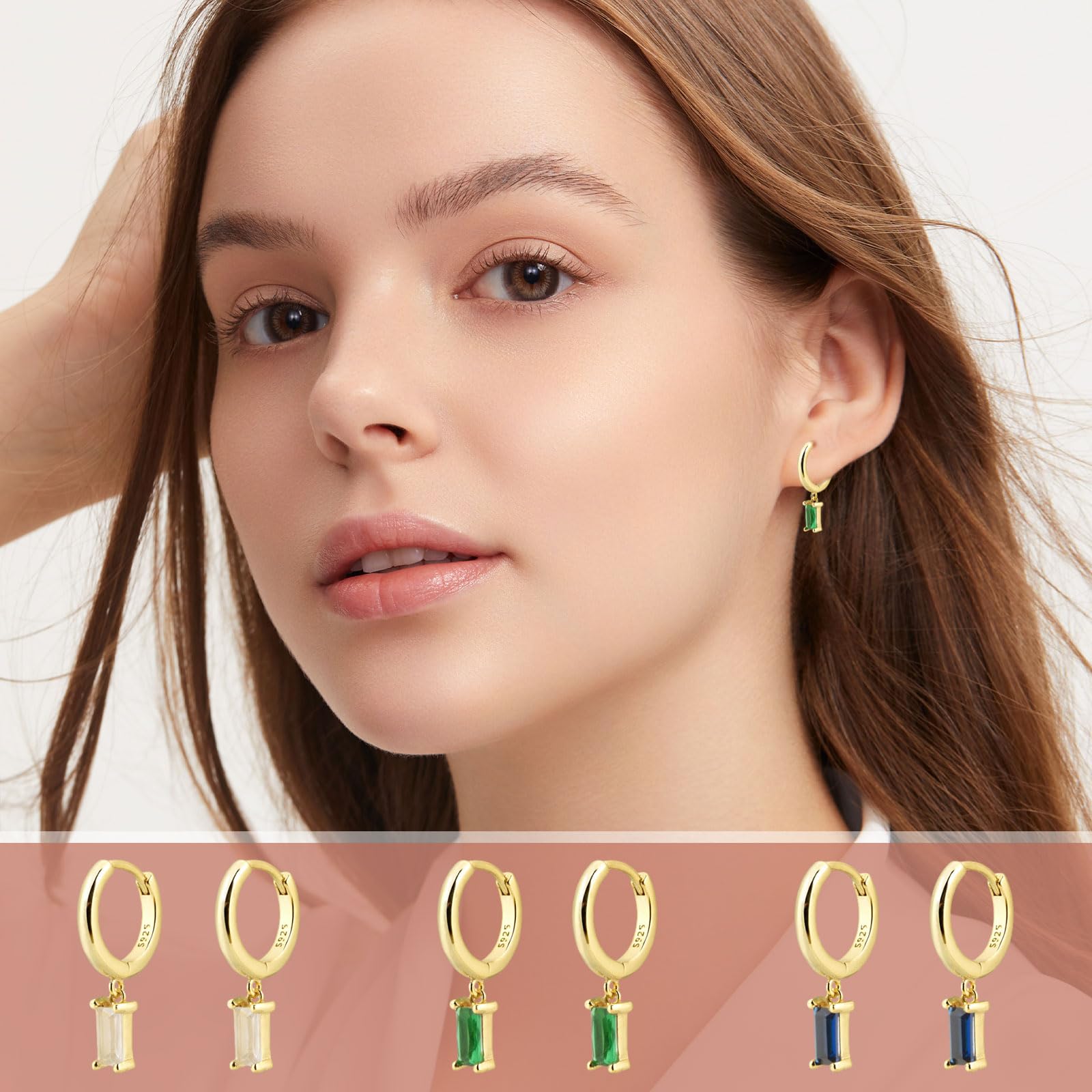 14K Gold Plated Baguette Drop Huggie Hoop Earrings for Women - Natural Crystal Dangle Earrings, Hypoallergenic Small Hoop Drop Earrings, Perfect Gift for Girls (Blue) | Everyday Wear, Parties & Special Occasions
