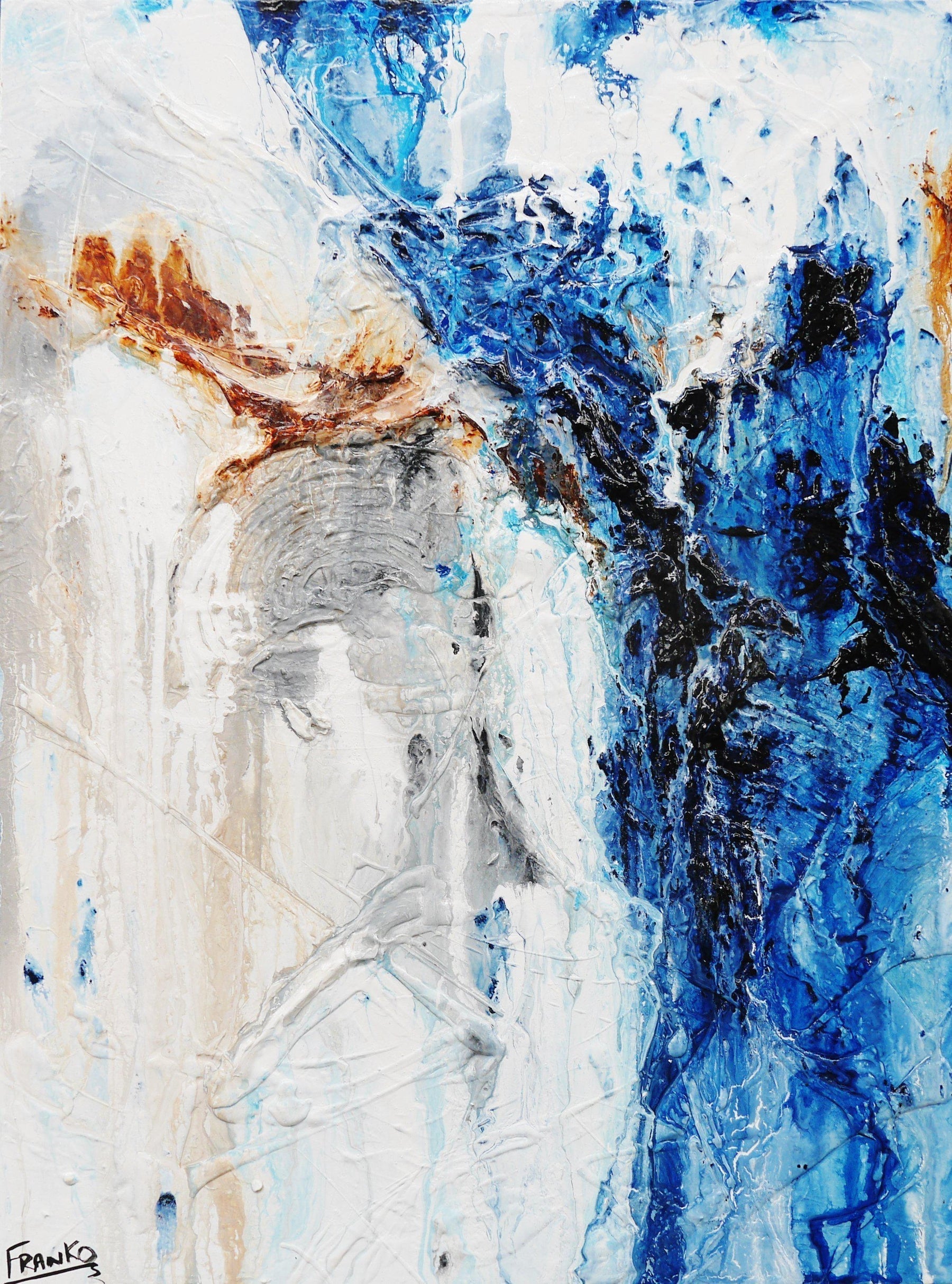 Deep Blue Umber 75cm x 100cm White Blue Abstract Canvas Painting - Modern Wall Art for Living Room, Bedroom & Office Decor