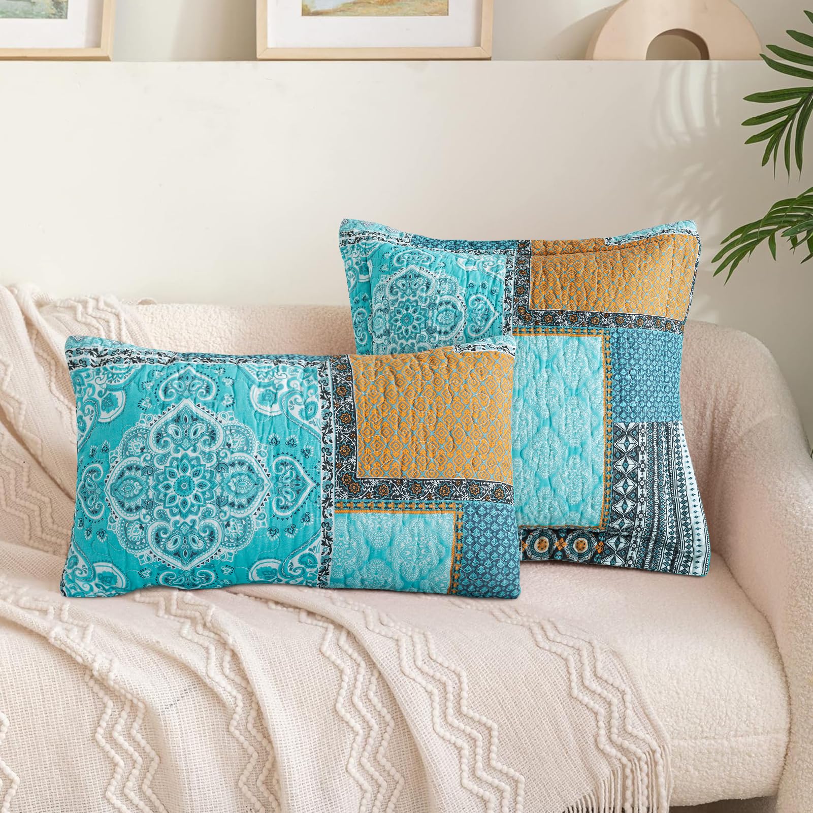 Boho Decorative Throw Pillow Covers Set of 2 - 18x18 Inch Square Farmhouse Cushion Covers for Couch, Bed & Sofa - Green Chic Floral Pattern - Perfect for Boho, Farmhouse & Living Room Decor