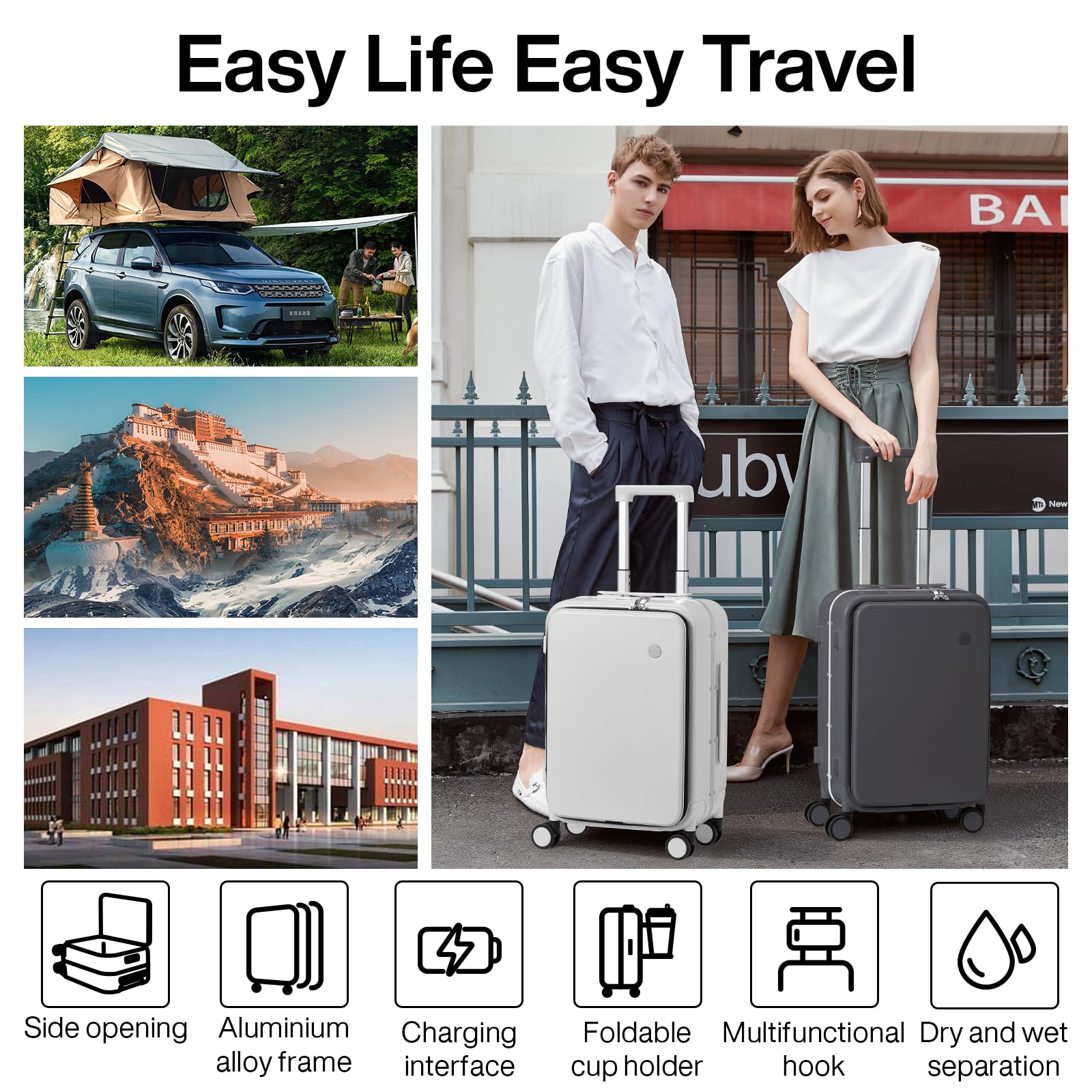Mixi 20 Inch Rock Gray Hard Shell Carry On Luggage with USB Charger, Cup & Phone Holder, 360° Spinner Wheels - Perfect for Air Travel, Business Trips & Weekend Getaways