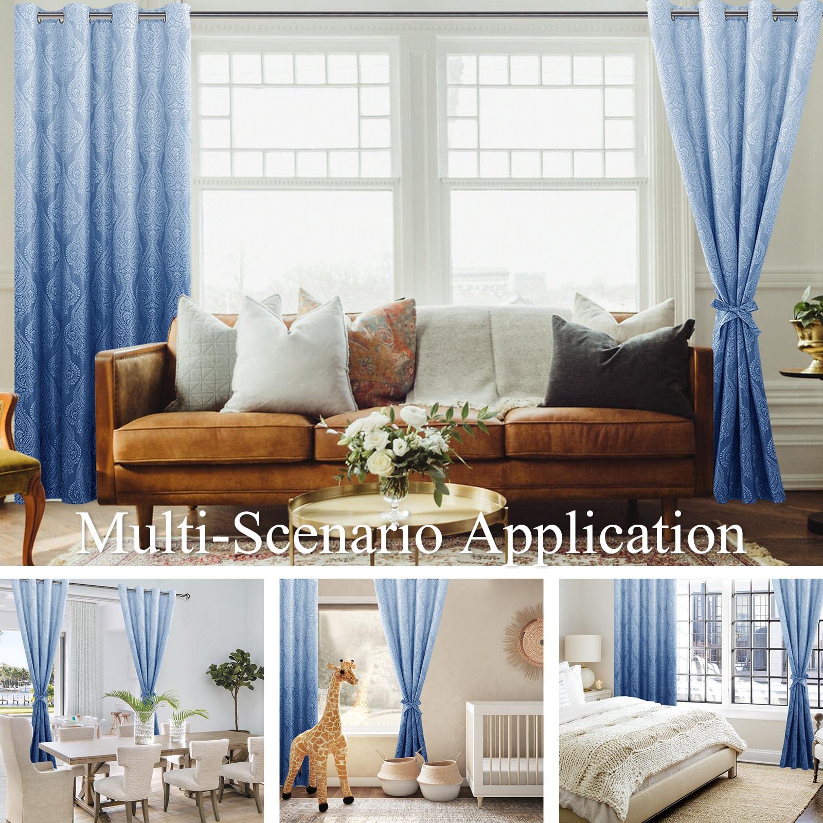 JIUZHEN Blackout Curtains Set of 2 - Thermal Insulated Damask Pattern Grommet Drapes for Bedroom & Living Room, 52x54 Inches, Navy Blue - Perfect for Light Control, Privacy & Energy Efficiency