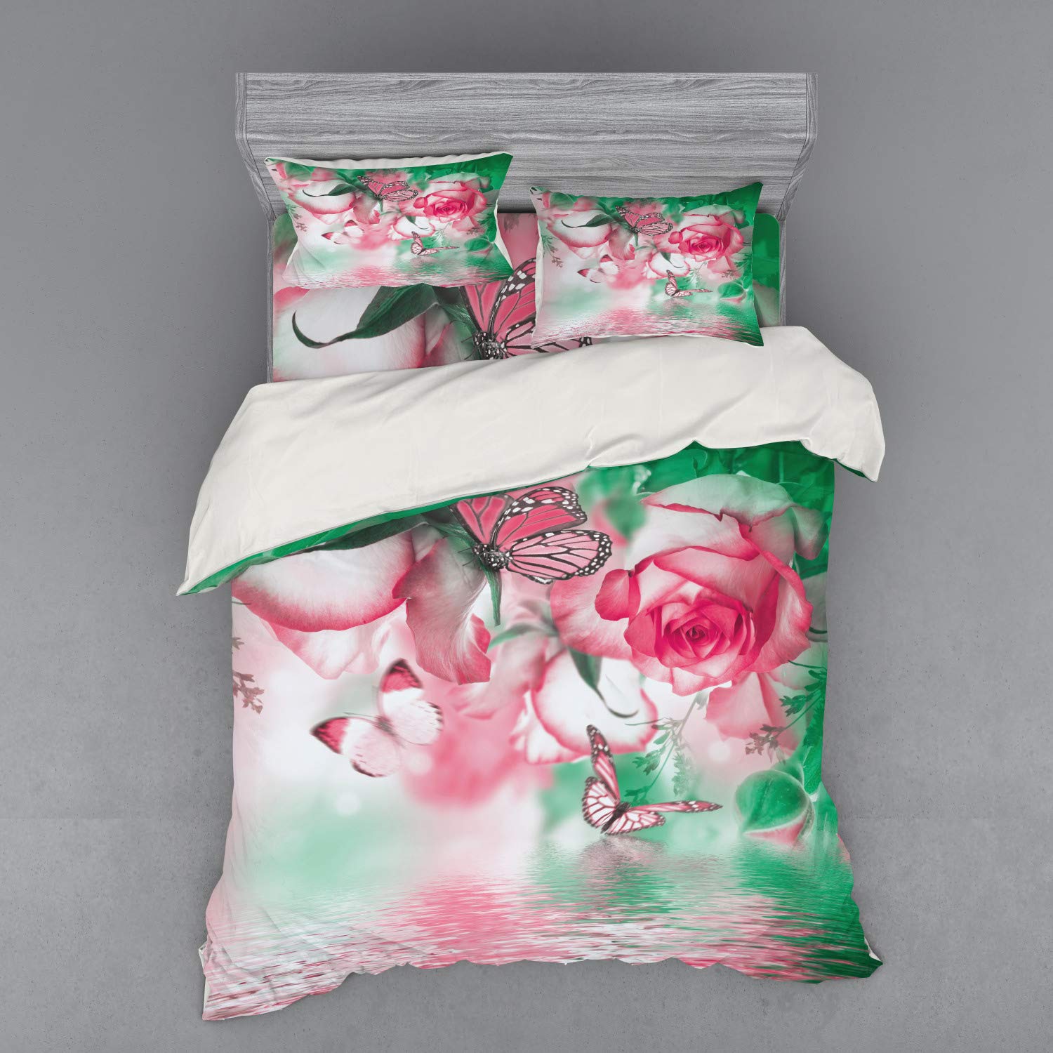 Ambesonne Spring Duvet Cover Set - Queen Size 4-Piece Bedding with Rose Petals & Butterfly Design | Jade Green & Pale Pink Floral Pattern | Includes Shams & Fitted Sheet | Perfect for Spring Bedroom Decor, Guest Room Makeover & Romantic Retreat