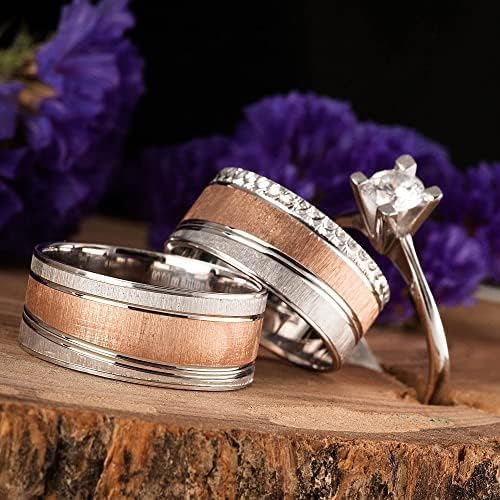Rose Gold & Silver Matching Wedding Ring Set for Couples - Personalized Engraved Bands for Engagement, Anniversary & Bridal Jewelry Gifts