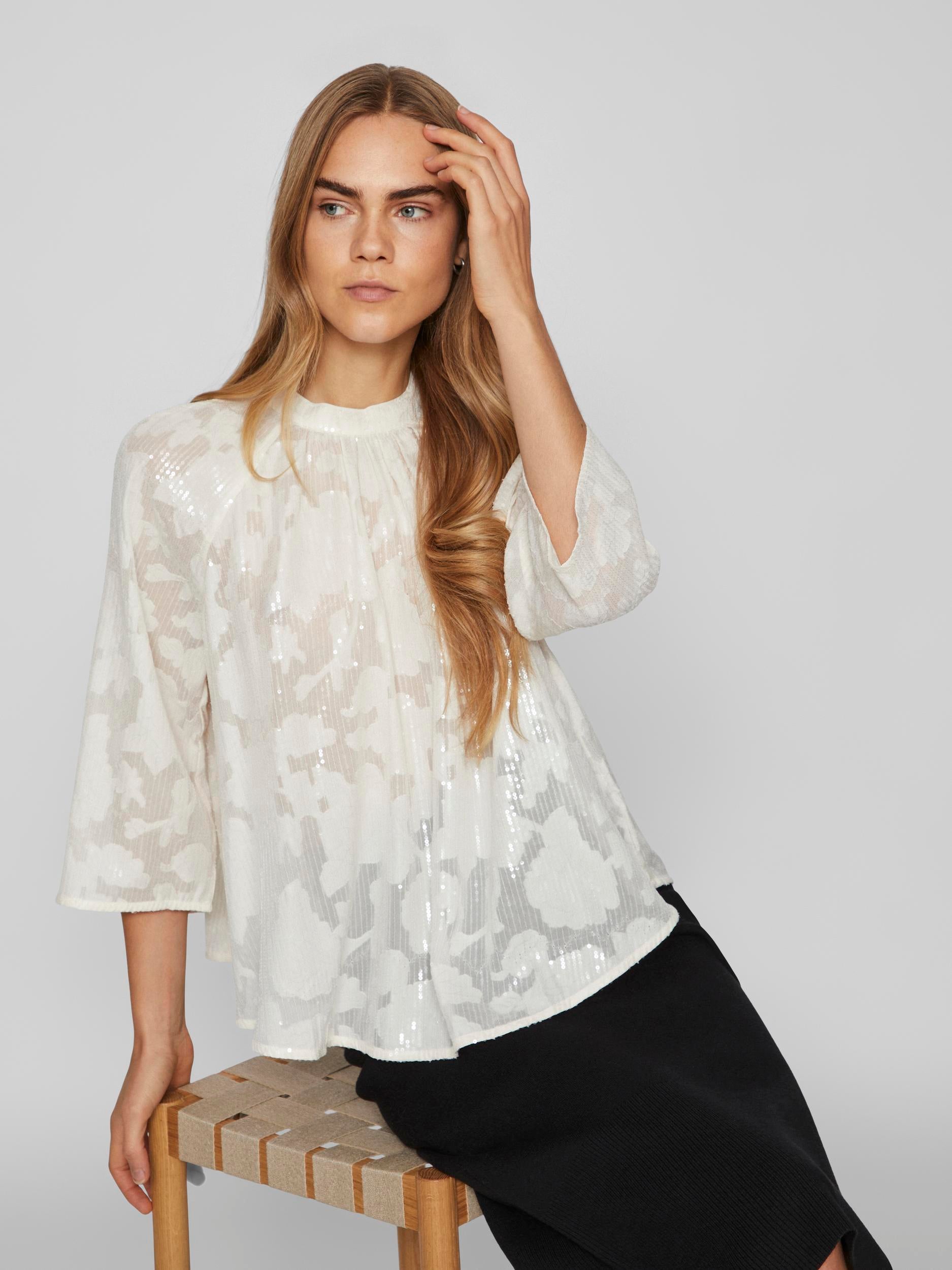 KIMA SEQUINS TOP (CLOUD DANCER) - Sparkling Sequin Blouse for Women, Party Wear, Night Out, Festival Fashion, Club Outfit, Elegant & Glamorous Shirt for Special Occasions
