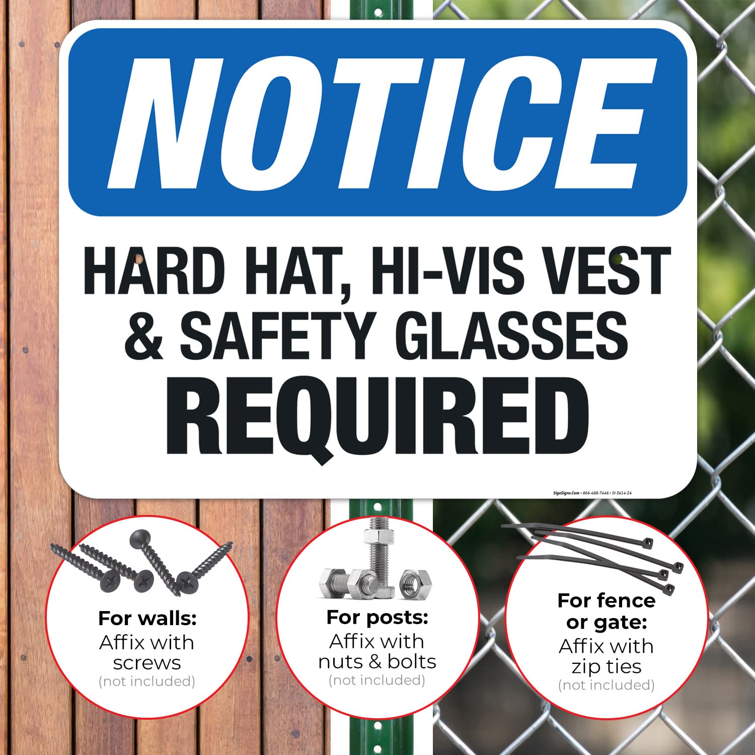 OSHA Compliant Hard Hat Hi-Vis Vest & Safety Glasses Required Sign - 18x24 Inches Rust-Free .063 Aluminum Safety Sign - Fade Resistant for Indoor/Outdoor Use - Made in USA - Perfect for Construction Sites, Warehouses & Industrial Facilities