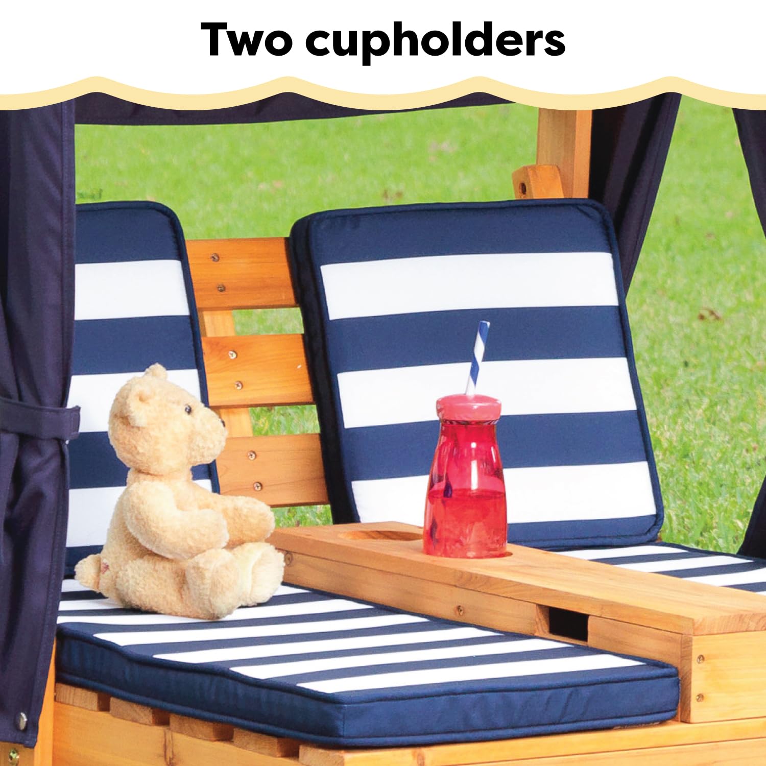 KidKraft Wooden Outdoor Double Chaise Lounge for Kids with Cup Holders - Patio Furniture Set with Navy & White Striped Fabric - Perfect Gift for Ages 3-8 - Ideal for Backyard, Poolside & Outdoor Play Areas
