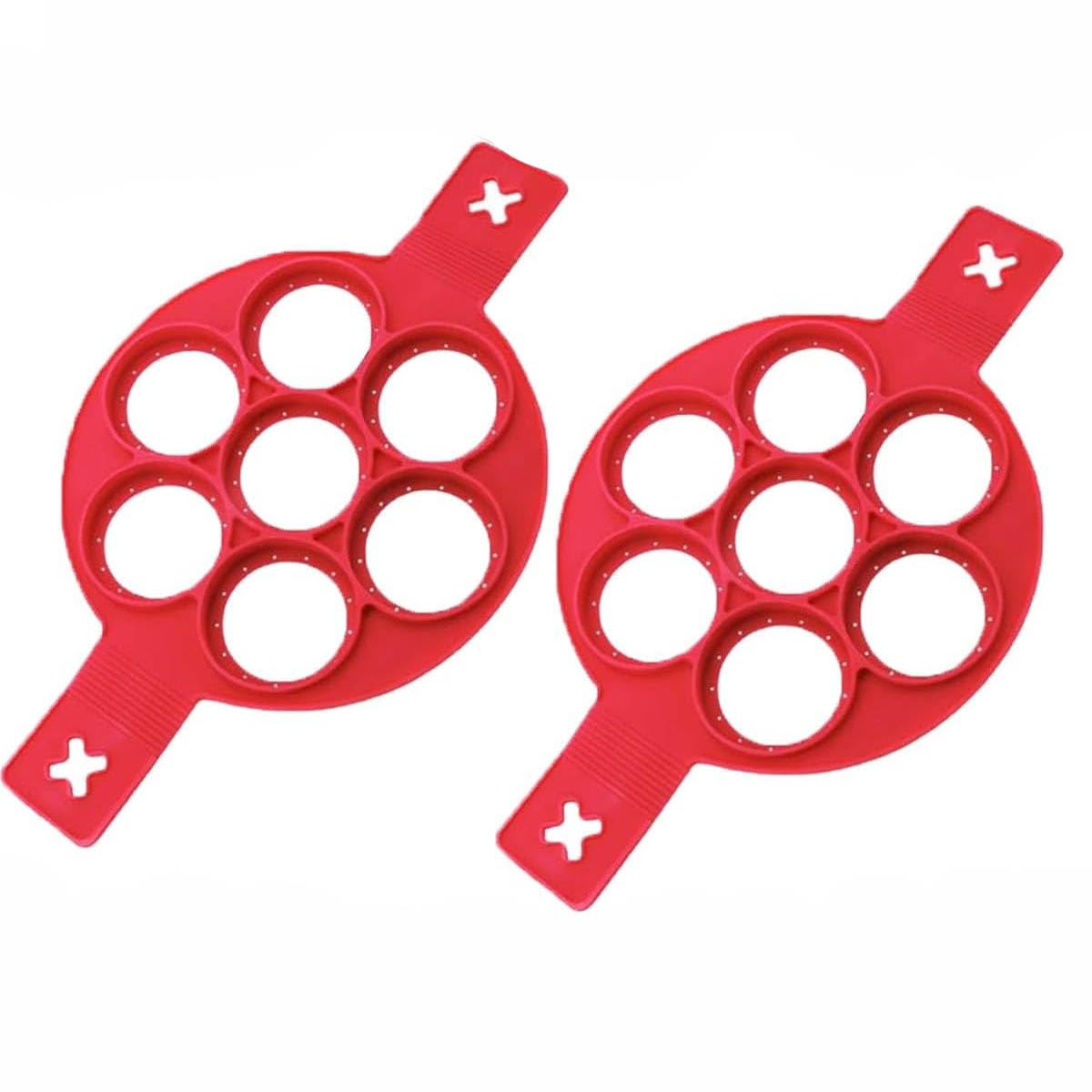 Flip N Cook Silicone Pancake Mold Set - 2 Red Round Non-Stick Pancake Makers for Perfect Fluffy Pancakes - Ideal for Breakfast, Brunch & Kids Cooking Activities