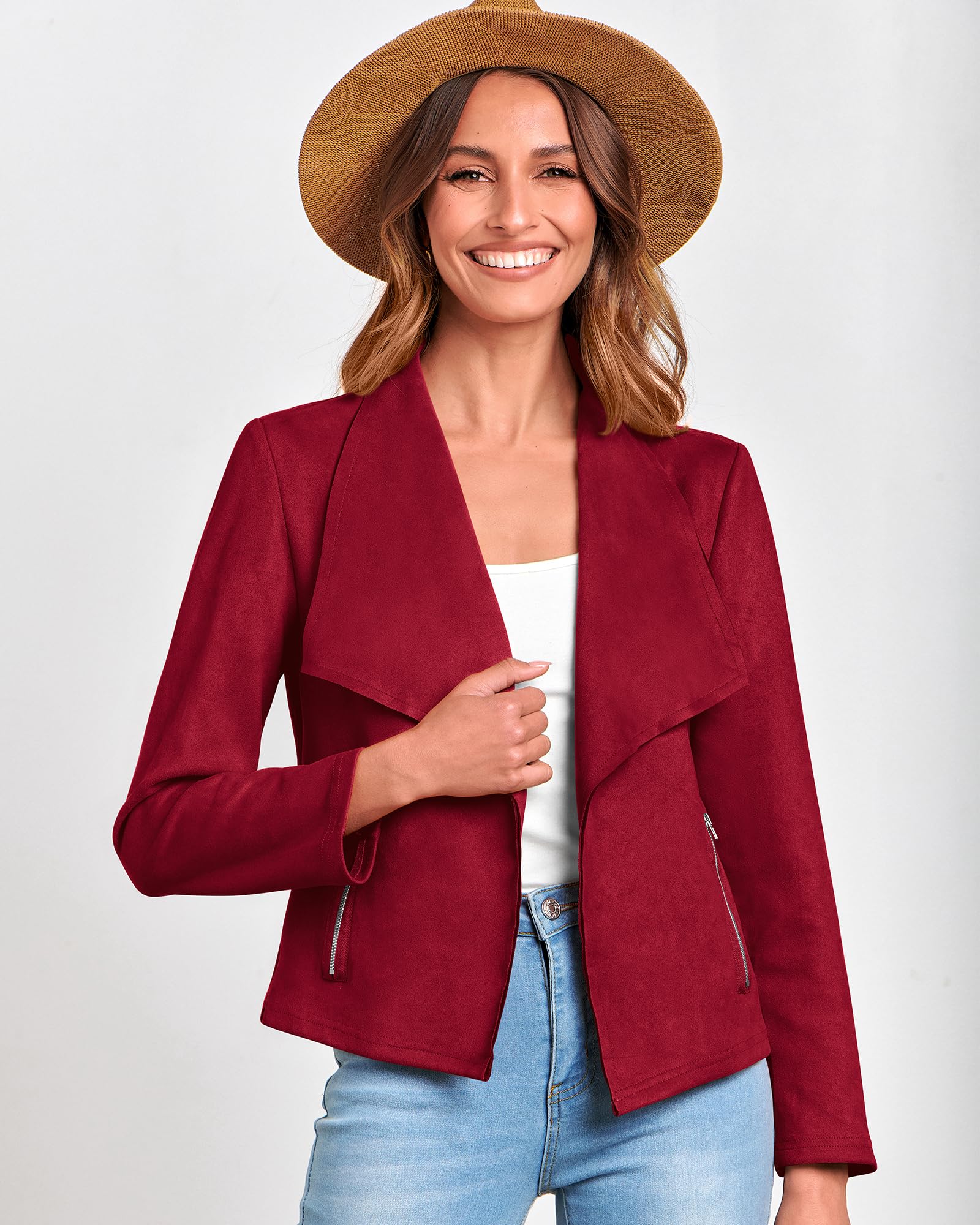 BTFBM Women's Faux Suede Jacket - Elegant Lapel Long Sleeve Open Front Cropped Coat for Spring/Summer 2025 | Outerwear for Office, Dating & Casual Outfits