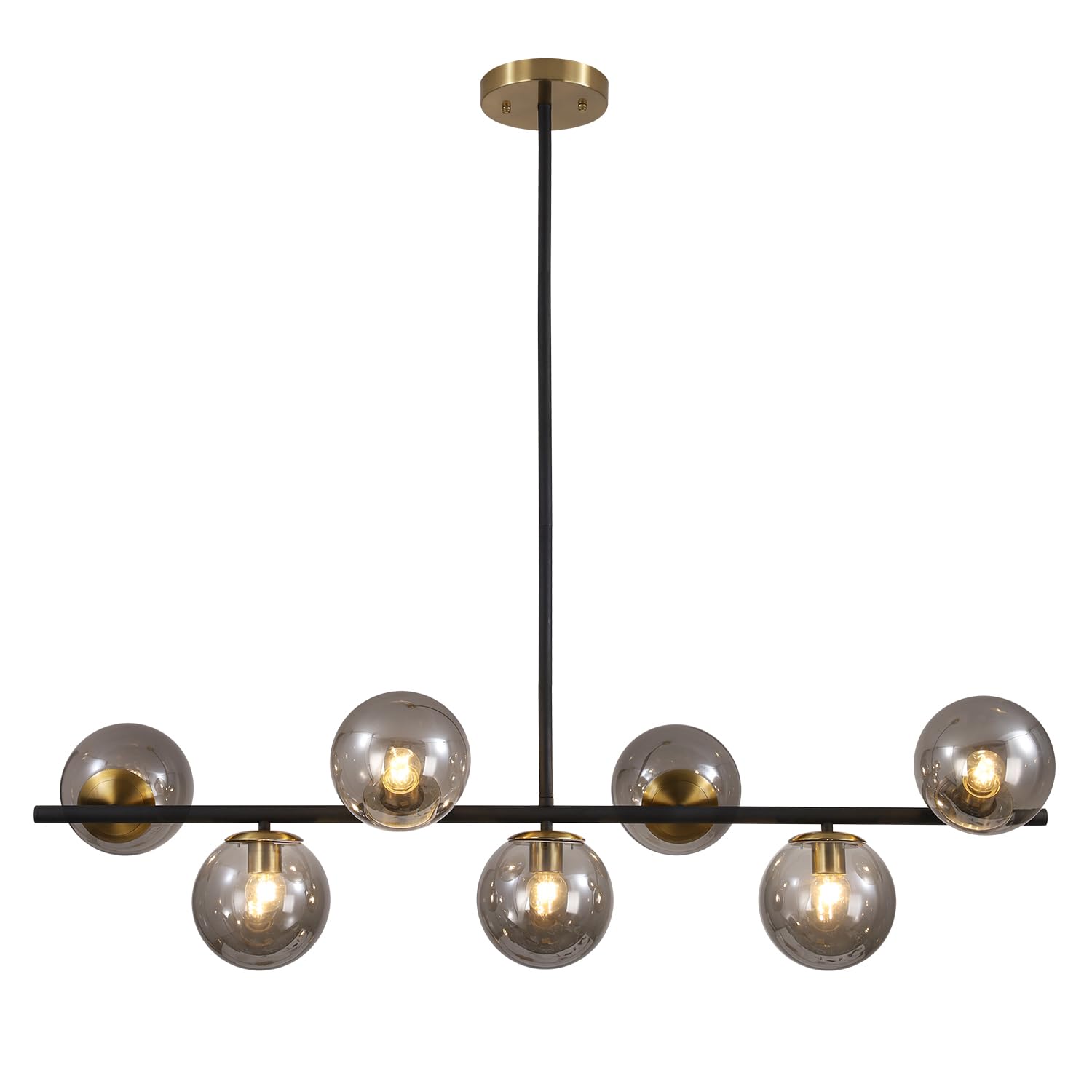 KCO Lighting Black and Gold Linear Kitchen Pendant Light - Mid Century Modern 7-Light Chandelier with Smoke Glass Globes - Vintage Dining Room Lighting for Kitchen Island, Breakfast Nook & Restaurant Decor