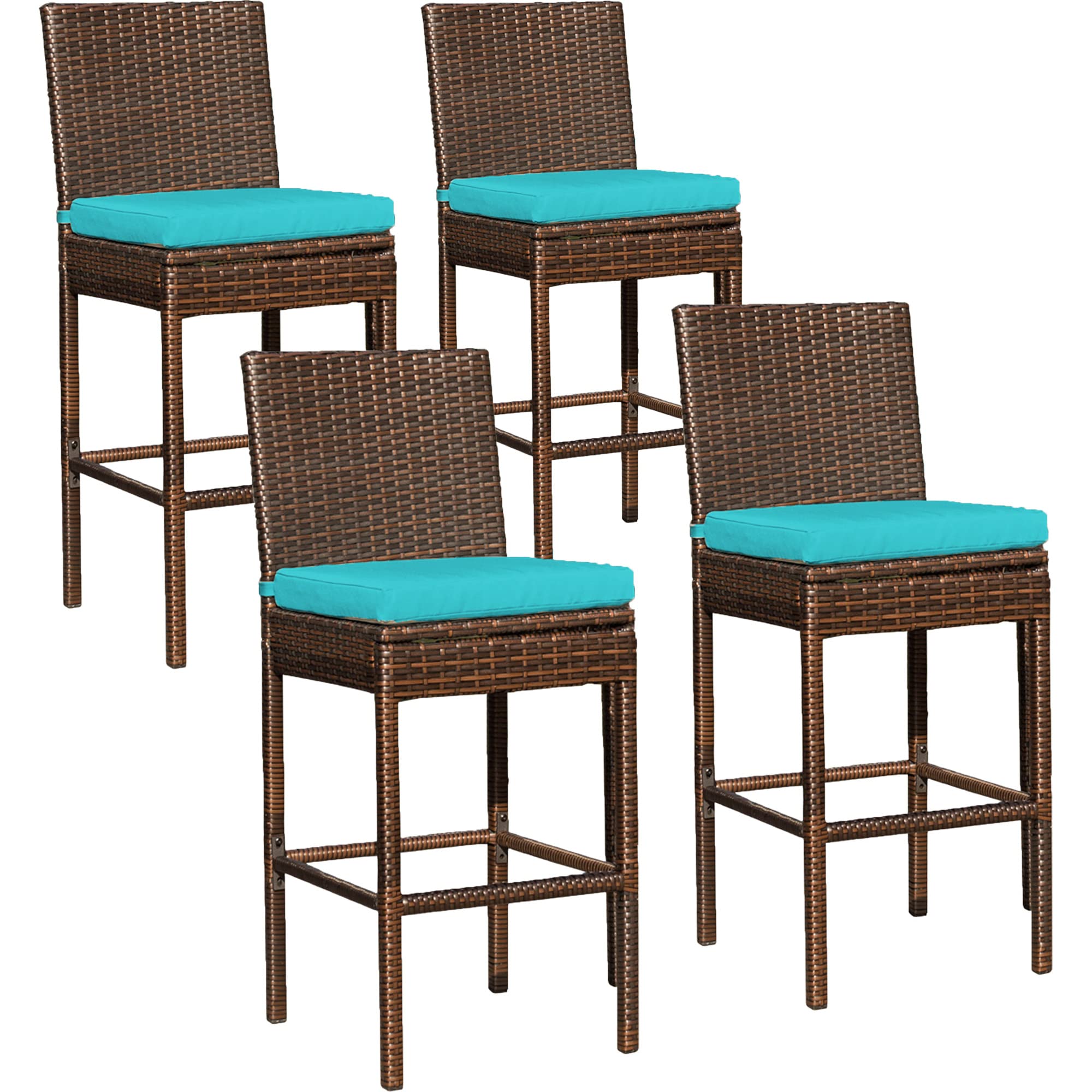 **Sundale Outdoor Bar Stools Set of 4 - Woven Wicker Armless Patio Chairs with Blue Cushion, All-Weather Steel Frame, Brown - Perfect for Backyard, Poolside & Outdoor Dining**
