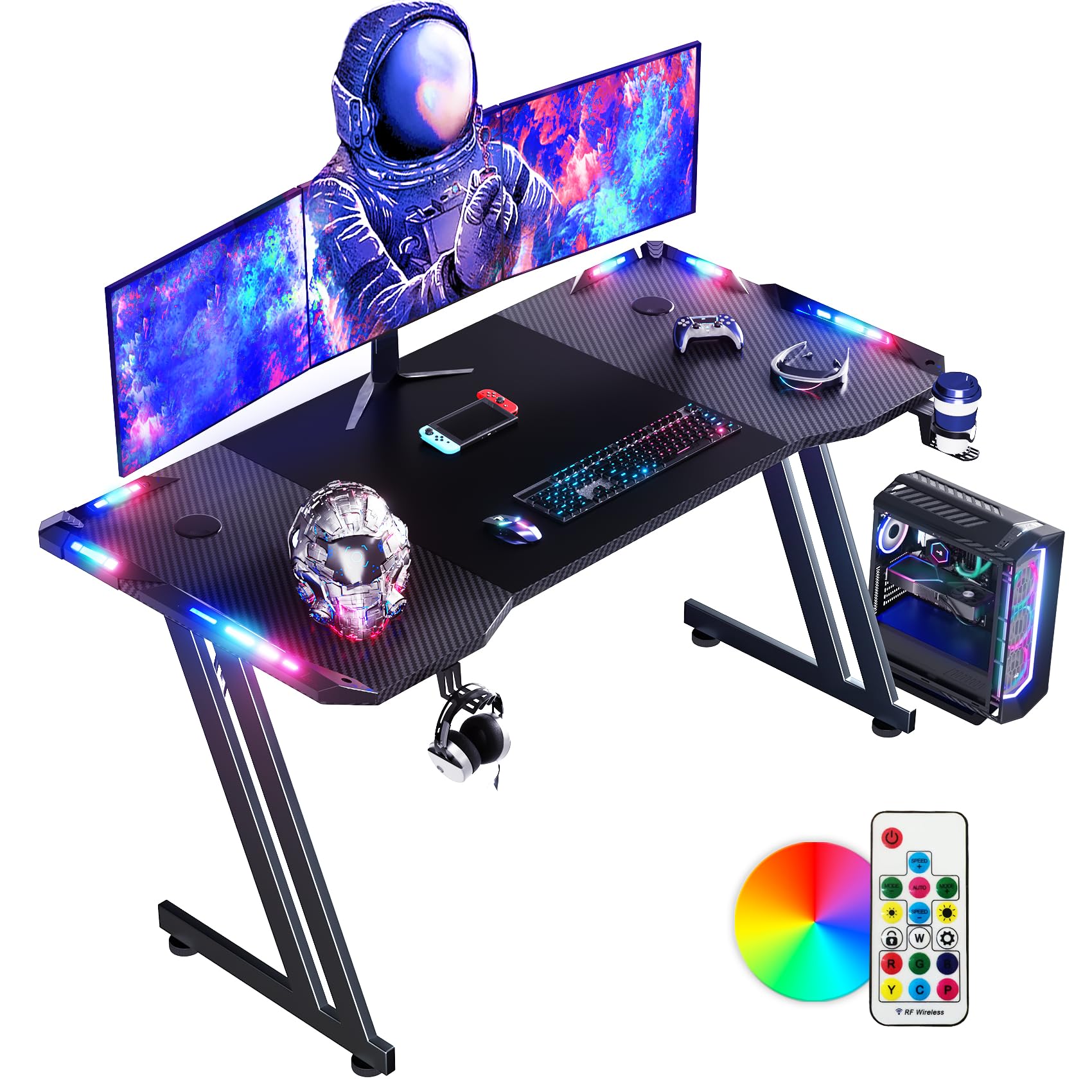 DLONGONE 120 x 60cm RGB LED Gaming Desk - Large Carbon Fiber PC & Laptop Gaming Table with Headphone Hook & Cup Holder - Ergonomic Home Office Desk for Streaming & Esports - Easy Assembly Black