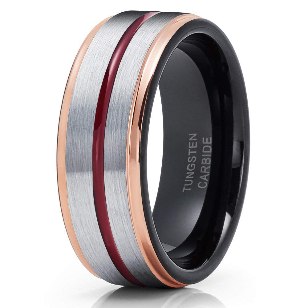 Black & Rose Gold Tungsten Carbide Wedding Band for Men & Women - Comfort Fit, 18k Rose Gold Plated, Gray Brushed Finish - Perfect for Anniversaries, Engagements, and Everyday Wear