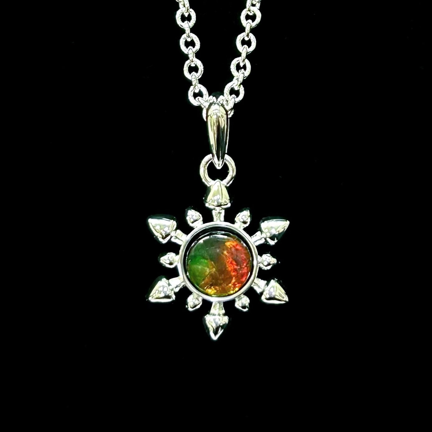 Natural Ammolite Silver Plated Snowflake Pendant Necklace - Iridescent Gemstone Jewelry for Women, Gift for Christmas/Birthday/Anniversary, Perfect for Party/Wedding/Evening Occasions