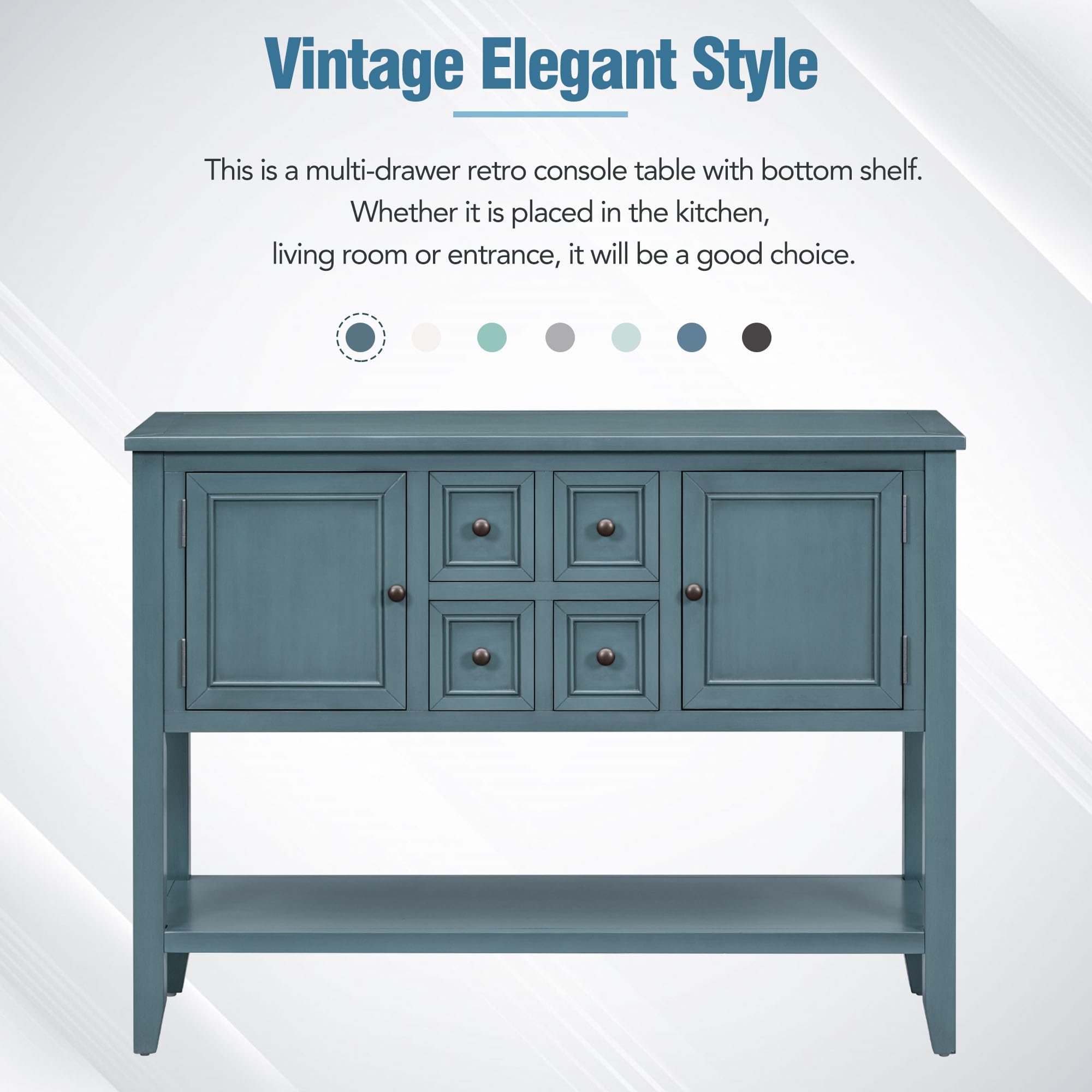 P PURLOVE Modern Console Table with 4 Drawers & 2 Cabinets - Entryway Sofa Table, Buffet Sideboard for Living Room, Hallway Storage - Dark Blue Home Furniture for Small Spaces & Apartment Decor