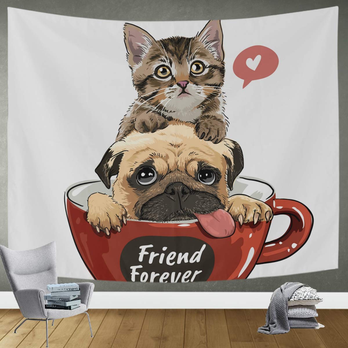 DOMIKING Pug Dog and Kitten Wall Tapestry - 90x60in Large Bohemian Wall Hanging Decor for Bedroom, Living Room & Office | Perfect for Home Decor, Dorm Room Aesthetic and Gift Giving