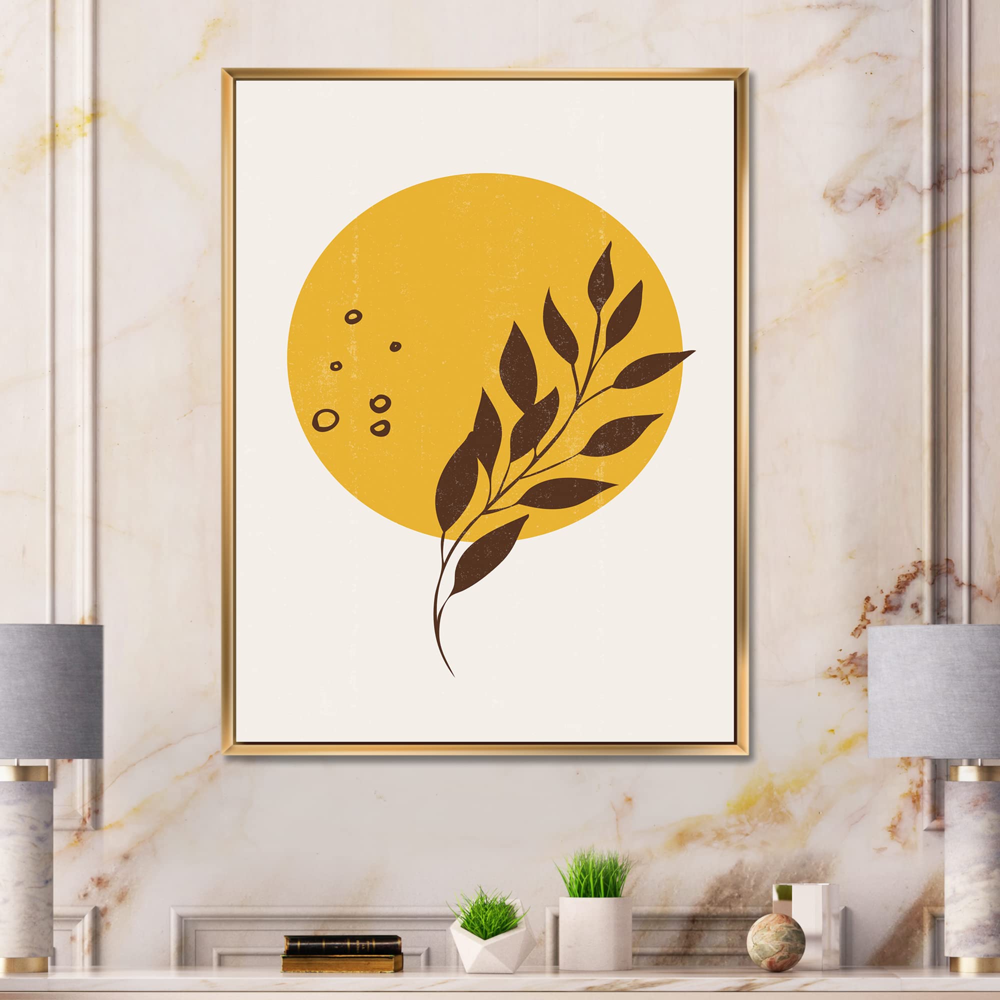 Abstract Yellow Sun and Moon Tropical Leaf Canvas Wall Art - Modern Framed Print for Living Room, Bedroom & Office Decor