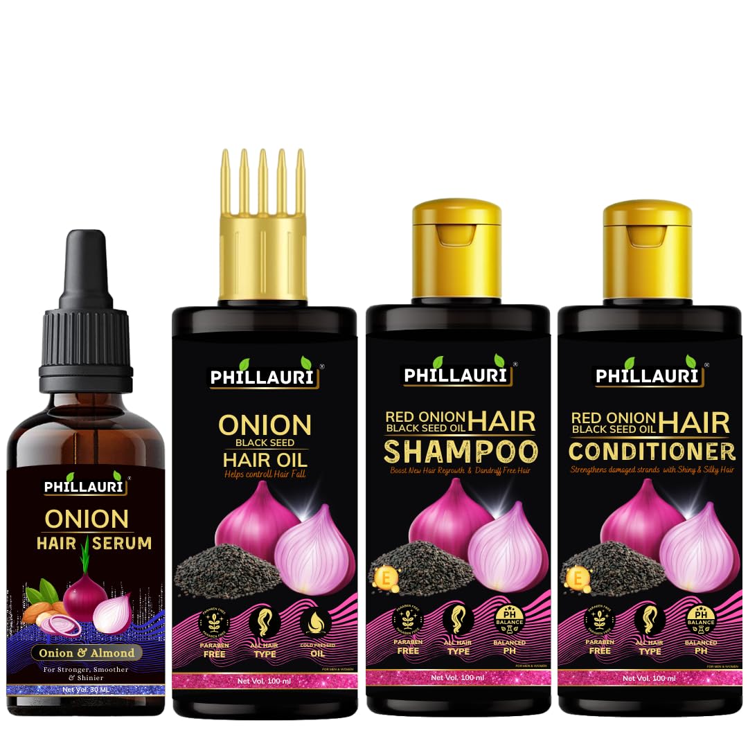 Red Onion & Black Seed Hair Growth Treatment Set (100ml Hair Oil + 100ml Shampoo + 100ml Conditioner + 30ml Serum) | Natural Hair Care for Thinning Hair, Hair Loss Prevention & Scalp Health | Perfect for Daily Hair Care Routine & Damaged Hair Repair
