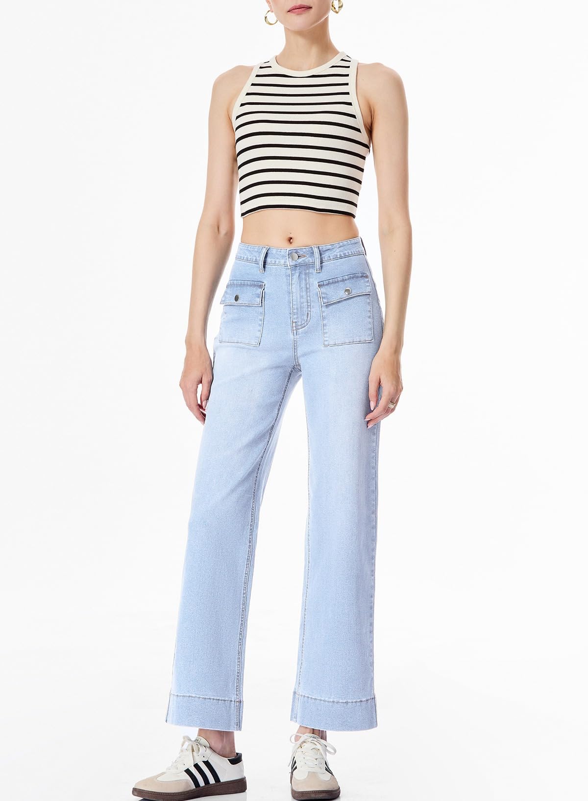 Sidefeel Women's High Waisted Wide Leg Stretchy Jeans with Patch Pockets | Comfortable Spring Outfit | Perfect for Casual Wear, Office & Date Night