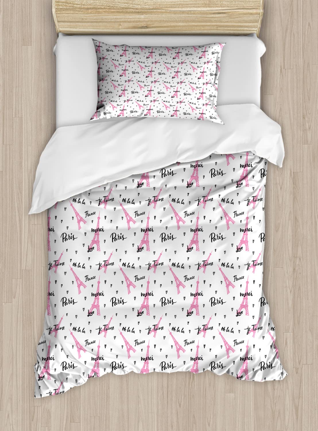 Ambesonne Paris Duvet Cover Set - King Size 2-Pack with Eiffel Tower Design & French 'Je T'aime' Romance Theme | Includes 2 Duvet Covers & 4 Pillowcases in Pale Pink & White | Perfect for Master Bedrooms, Guest Rooms & Paris-Themed Home Decor