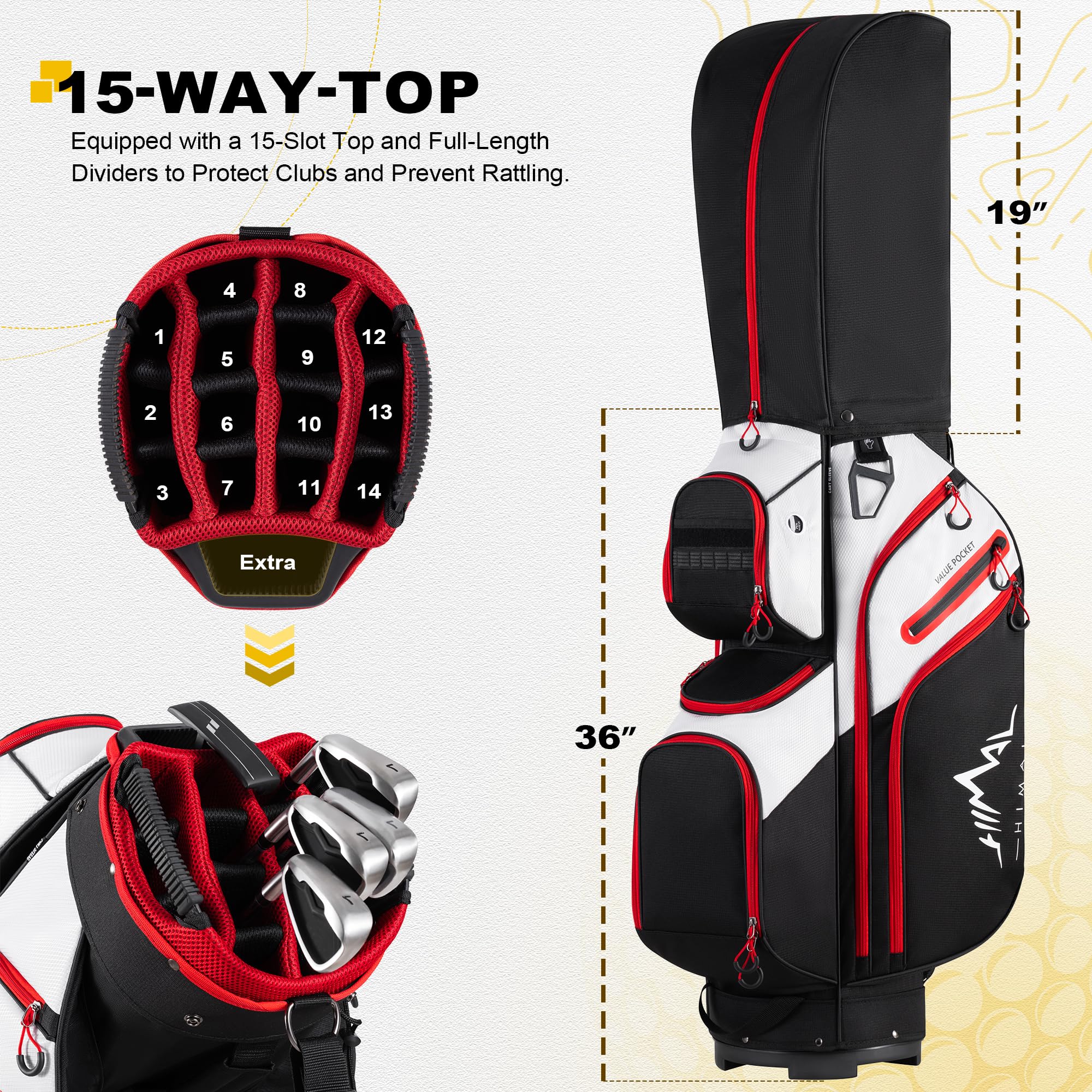 Premium 15-Way Golf Cart Bag with Organizer Divider Top, Comfortable Handles & Waterproof Rain Cover - Ideal for Golfers, Tournaments & Outdoor Sports