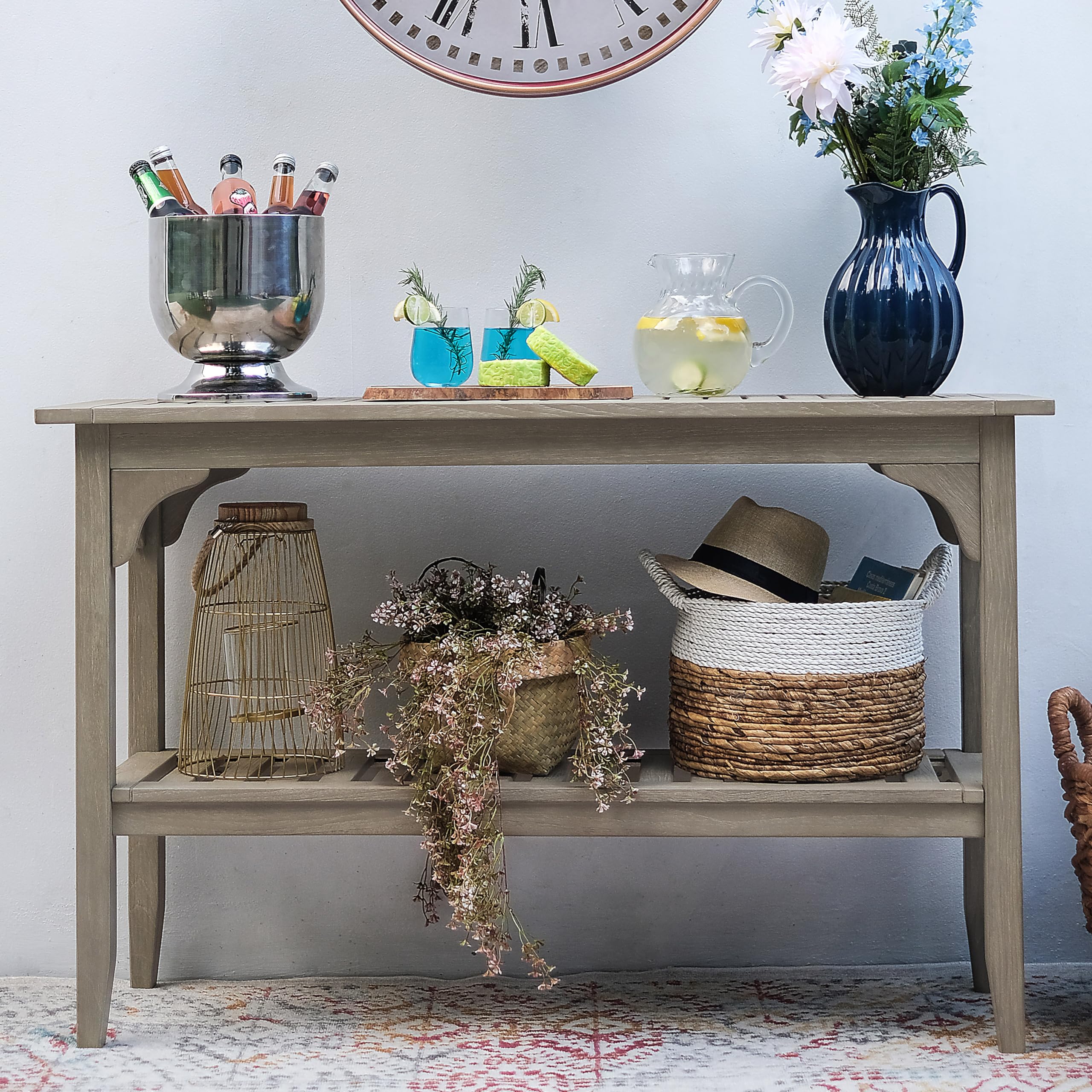 Cambridge Casual Indonesian Teak Auburn Outdoor Console Table – Weathered Gray Finish – Durable & Stylish Teak Wood Accent Plant Table for Patio, Deck, Porch – Perfect for Outdoor Entertaining, Garden Decor, and Balcony Furniture