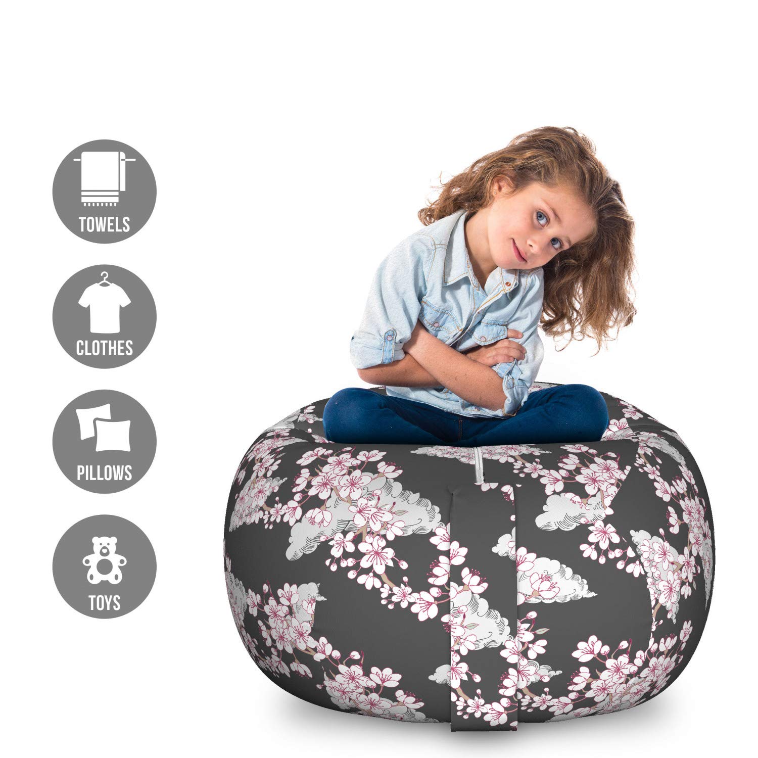 Ambesonne Japanese Sakura Storage Bag Chair - Large Washable Toy Organizer with Abstract Grey & White Floral Design | Perfect for Kids' Room, Playroom & Stuffed Animal Storage
