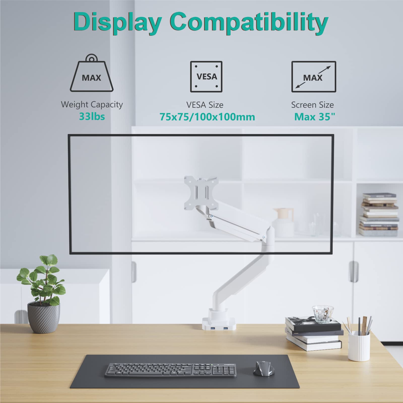 WALI Adjustable Gas Spring Single Monitor Arm Stand - Heavy Duty Desk Mount for 35 Inch Screens up to 33lbs (GSMU001-W, White) | Perfect for Home Office, Gaming Setup & Workspace Ergonomics