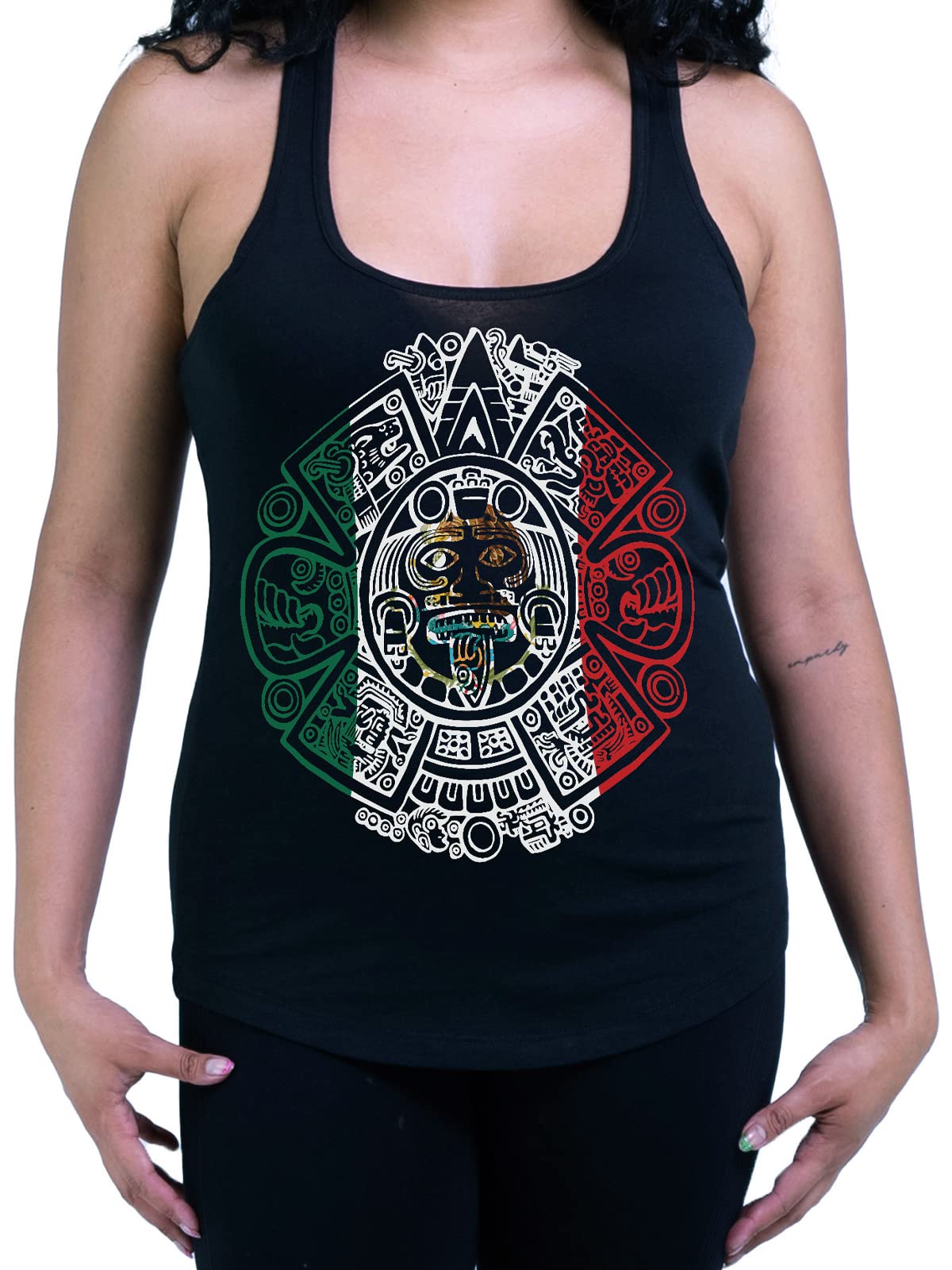 ShirtBANC Women's Mexican Flag Shirt with Aztec Calendar Design - Stylish Aztec Print Tank Top for Cinco de Mayo, Hispanic Heritage Month & Summer Festivals