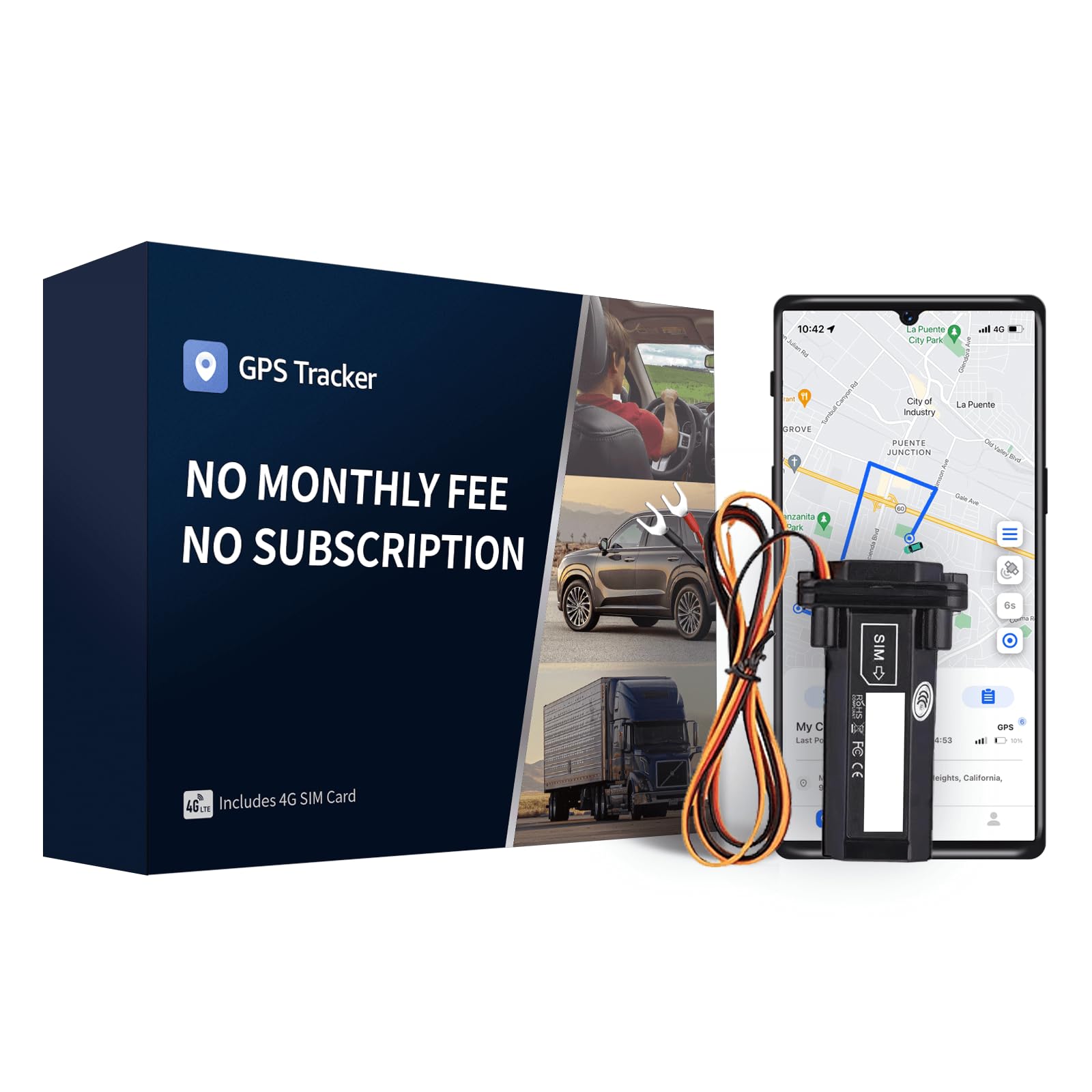 4G GPS Tracker for Vehicles - No Monthly Fee & Real-Time Tracking with SIM Card Included | Waterproof Car Tracker with GeoFence & Speeding Alerts | Perfect for Fleet Management, Teen Driver Safety, and Asset Tracking