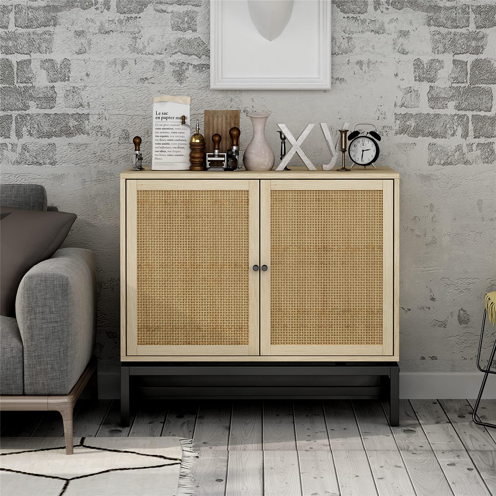 Modern Wood Entryway Storage Cabinet with Double Doors - Adjustable Shelves Console Table for Living Room, Home Office - Sturdy Metal Stand, 31.5