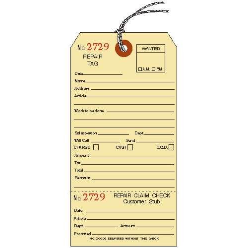1000 Pack Manila Repair Tags with Stub - 3-1/8