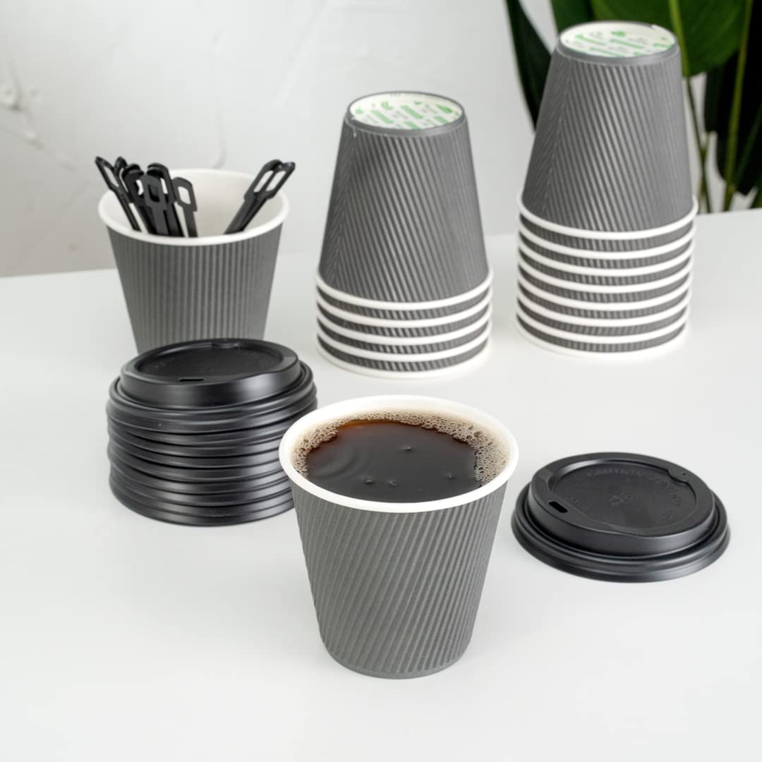 8oz Insulated Coffee Cups with Lids (400 Pack) - Leakproof & Non-Slip Gray Paper Hot Cups for Coffee, Tea, Hot Cocoa & Lattes | Restaurant, Cafe, Office & Home Use