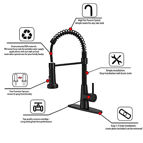 Matte Black Single Handle Pull Down Sprayer Kitchen Faucet - Commercial Grade Spring Sink Faucet with Cover Plate | Perfect for Restaurant & Home Kitchen Renovation