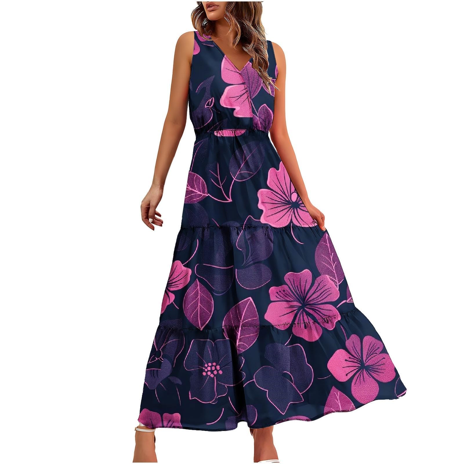 Ronony Women's Summer Dresses 2024 - Sleeveless Long Maxi Dress with V-Neck & A-Line Cut, Boho Floral Sundress, Flowy Swing Dress for Beach, Vacation & Casual Outings