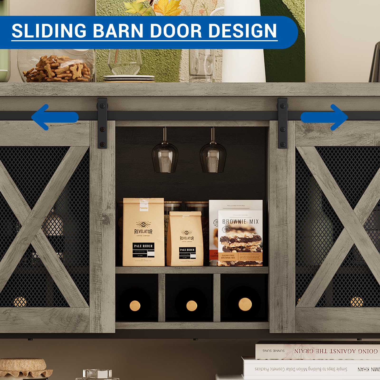 Farmhouse Bar Cabinet with Storage - Sideboard Buffet & Coffee Bar Cabinet with Sliding Barn Door - Wine Cabinet with Wine Rack for Kitchen, Dining Room & Living Room - Perfect for Home Entertaining & Storage Solutions