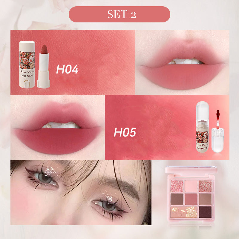 HOLD LIVE Bunny Garden Lip Gloss & Eyeshadow Set - Cute Floral Makeup Kit for Spring, Party & Everyday Wear
