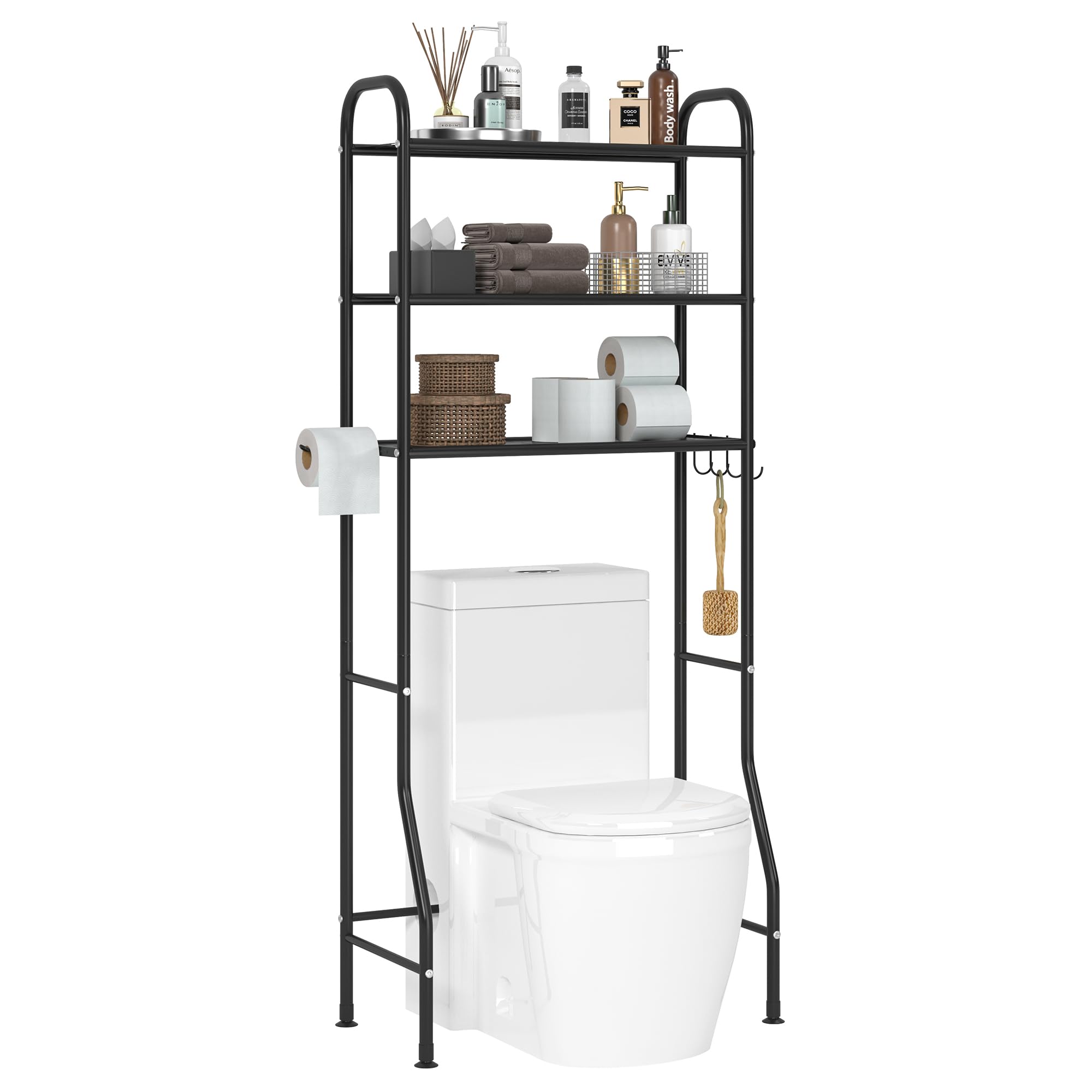 JSB 3-Tier Metal Over The Toilet Storage Shelf - Space Saving Bathroom Organizer with Toilet Paper Holder, Multi-Functional Bathroom Shelving Unit for Towels & Toiletries (Black) - Perfect for Small Bathrooms & Apartment Living