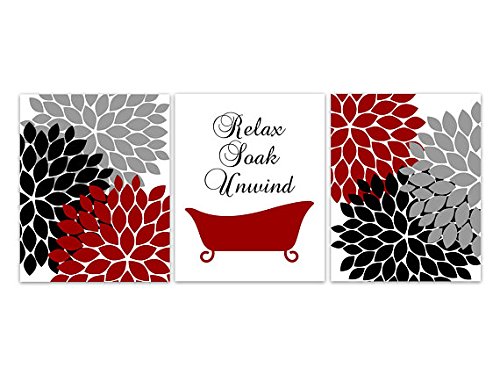 Red, Black & Gray Floral Canvas Wall Art for Bathroom Decor - 11x14 Inches - Perfect for Relaxing & Unwinding in Your Bathtub or Spa Space
