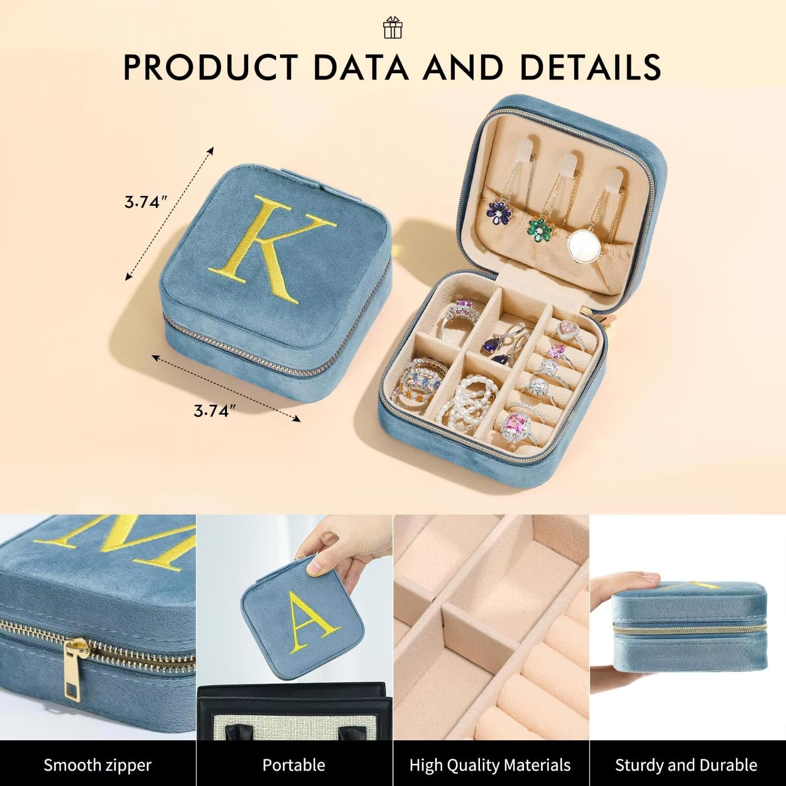 Parima Velvet Travel Jewelry Box for Women - Small Plush Jewelry Organizer with Monogram Initial, Personalized Gift for Her | Perfect for Vacation, Business Trips & Bridal Accessories Storage