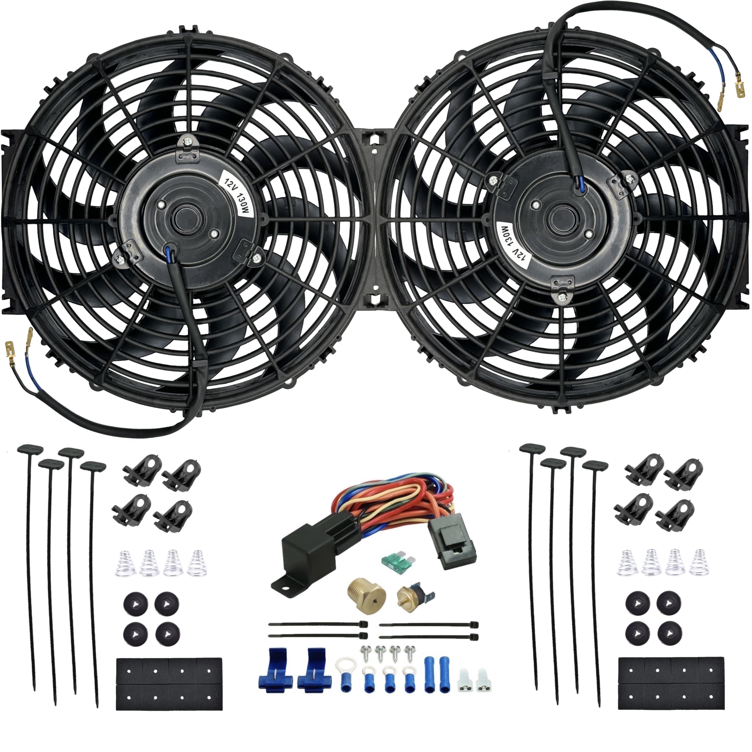 12-13 Inch Dual Electric Radiator Fan with 130W Reversible Motor - 3/8 Inch NPT Probe & 180°F Thermostat Switch - Complete Wiring Kit for Car Cooling System, HVAC, and Industrial Applications