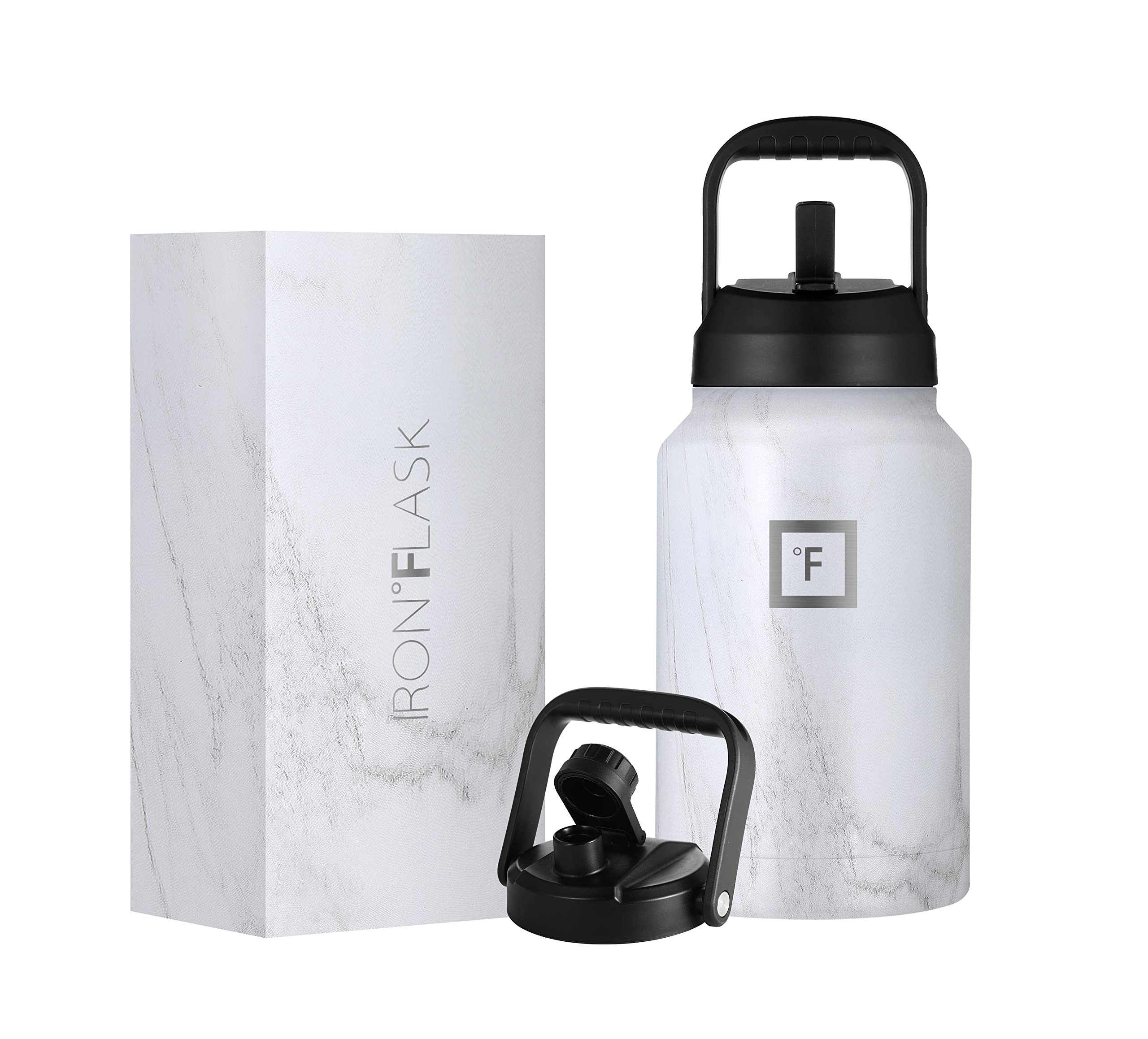 IRON °FLASK 1 Gallon Sports Water Bottle - Vacuum Insulated Stainless Steel with 2 Lids (Straw & Spout), Leak Proof Double Wall Thermal Mug, Metal Edge Jug for Gym, Hiking & Outdoor Activities - Carrara Marble Design, 64oz